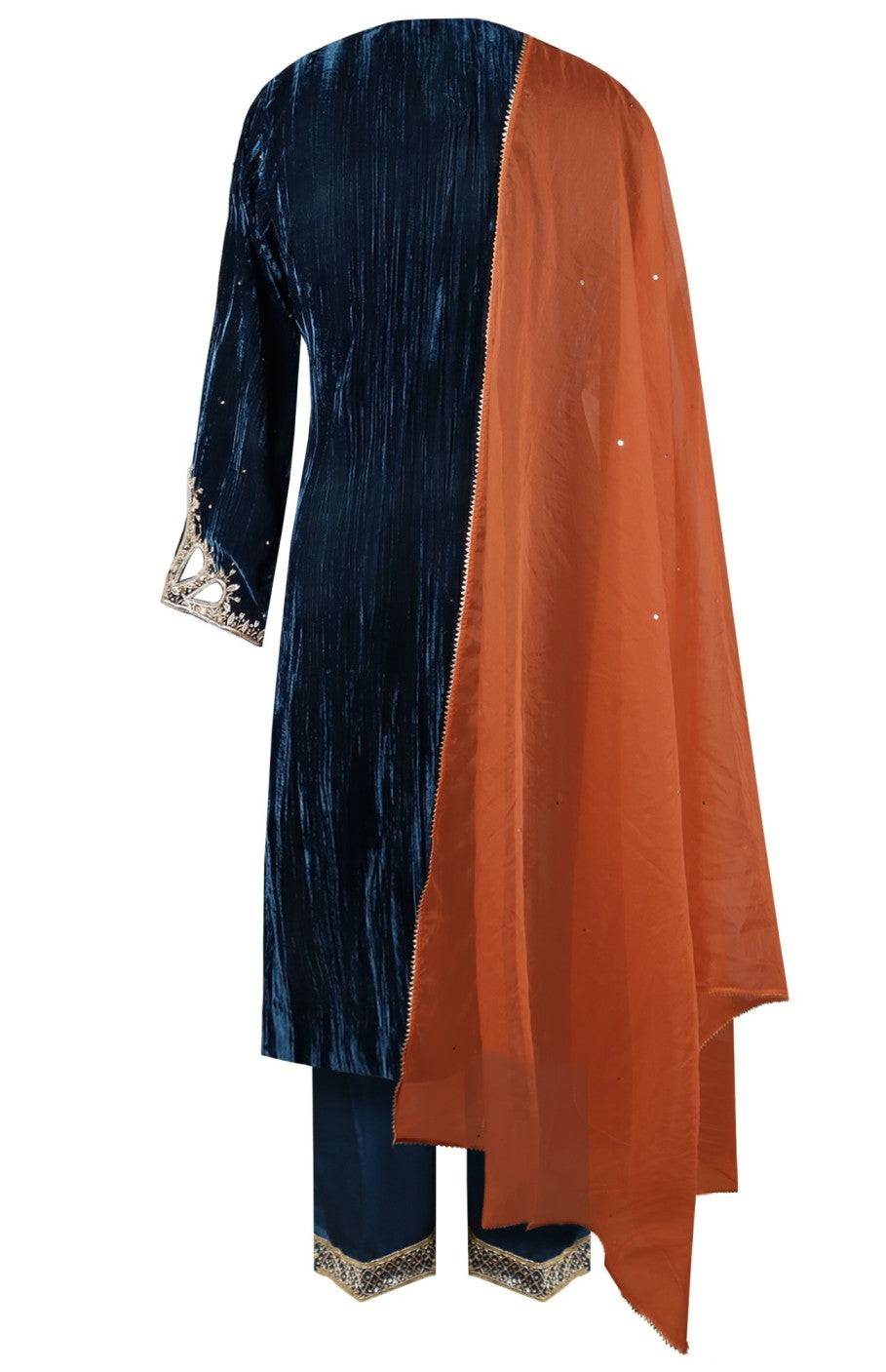 Crinkled Velvet Suit With Cutwork - INDIGO