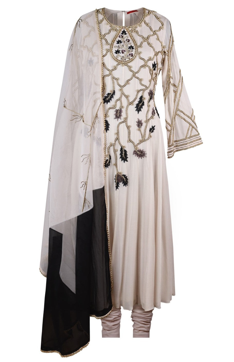 Georgette Anarkali With Pearl Embroidery - IVORY GREY