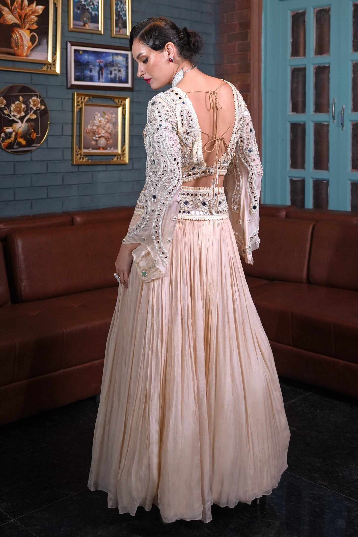 Mirror Work Crop Top With Skirt - IVORY