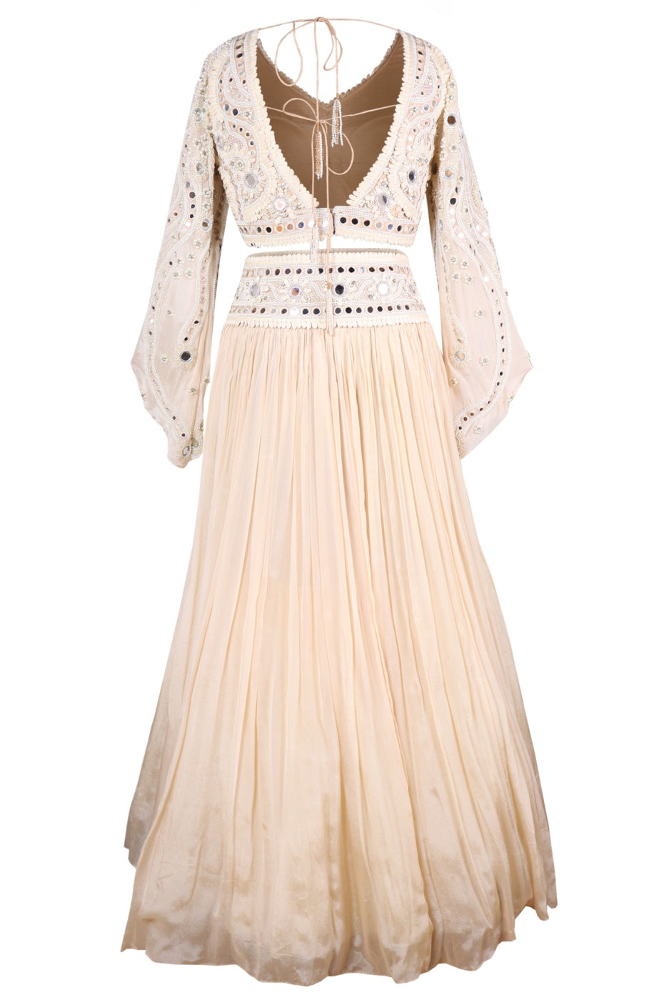 Mirror Work Crop Top With Skirt - IVORY