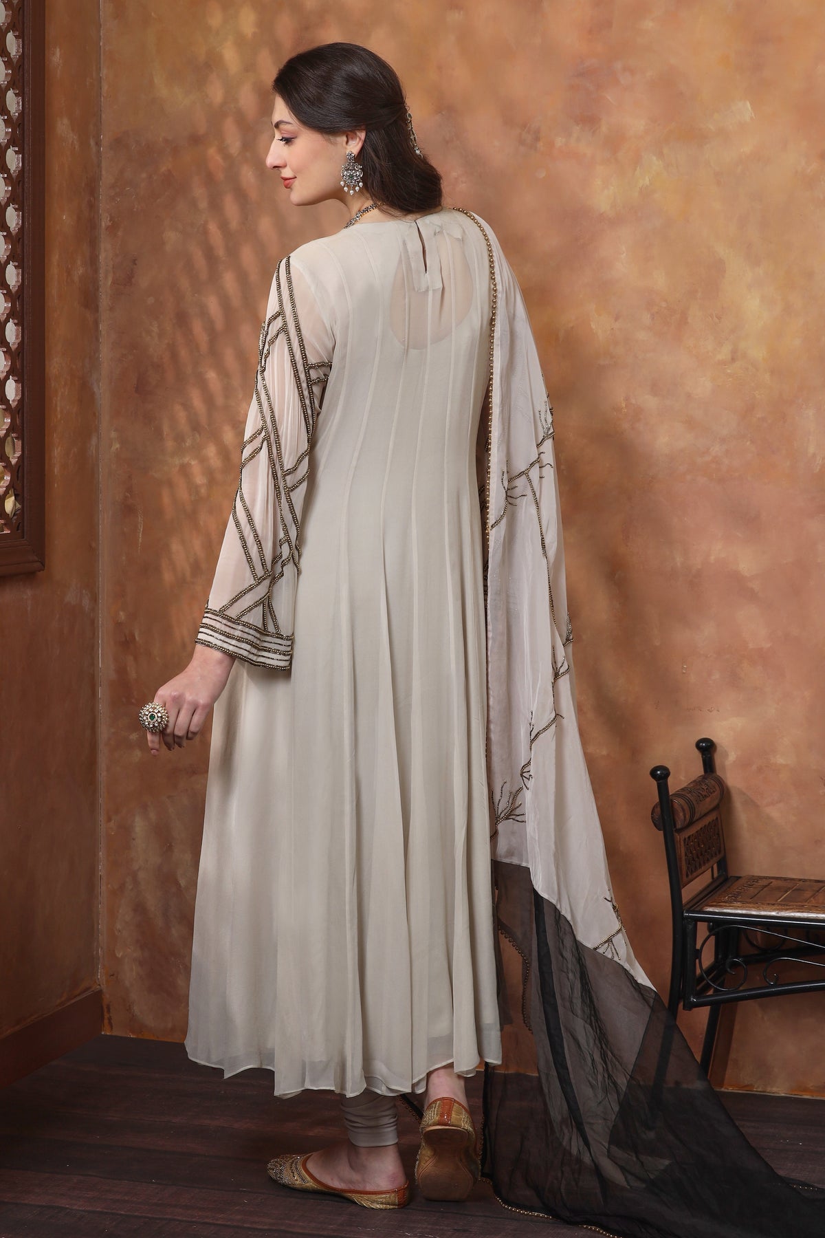 Georgette Anarkali With Pearl Embroidery - IVORY GREY