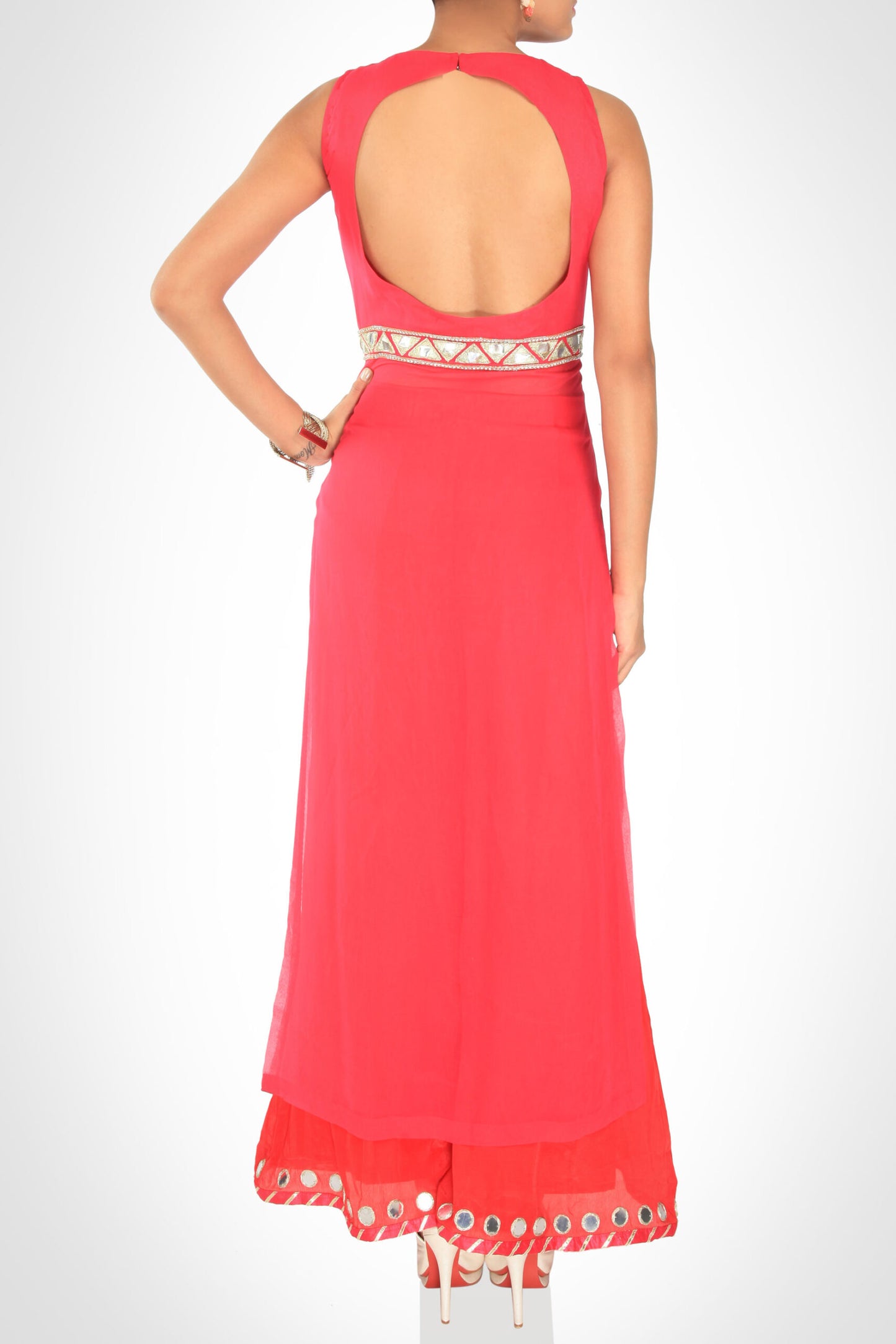 Coral Mirror Work Kurta With Culottes