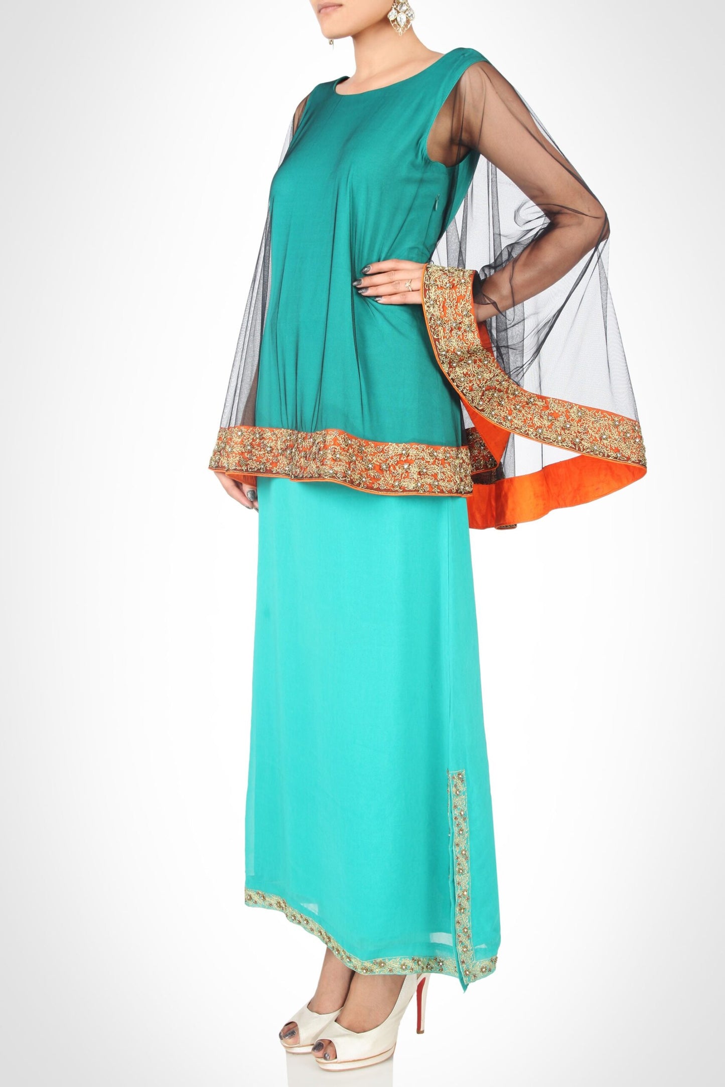 Aqua Blue Kurta with Poncho