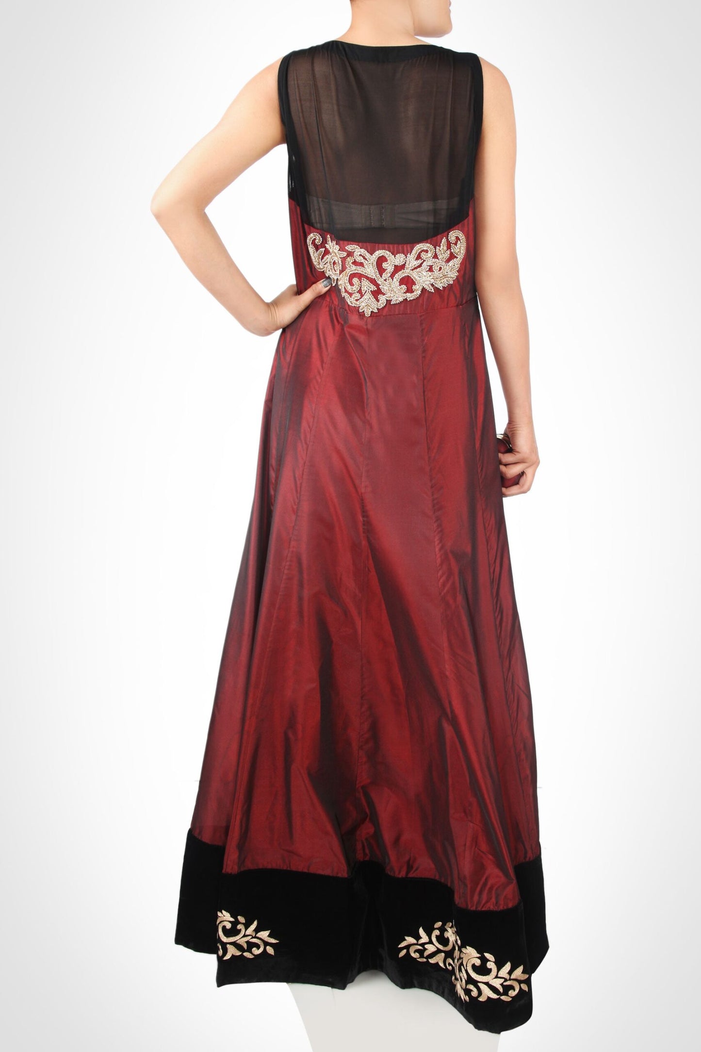 Floor Length Jacket With Zardozi Embroidery - MARSALA