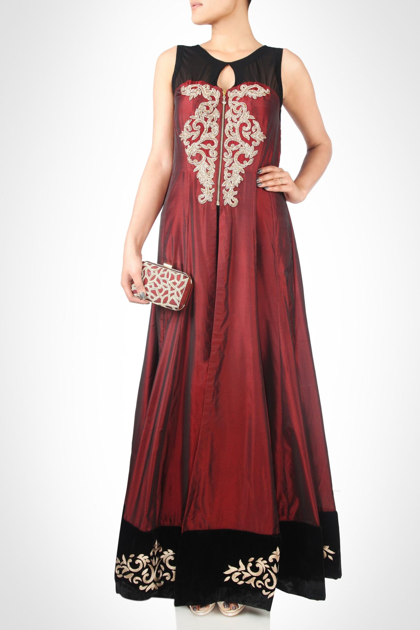 Floor Length Jacket With Zardozi Embroidery - MARSALA