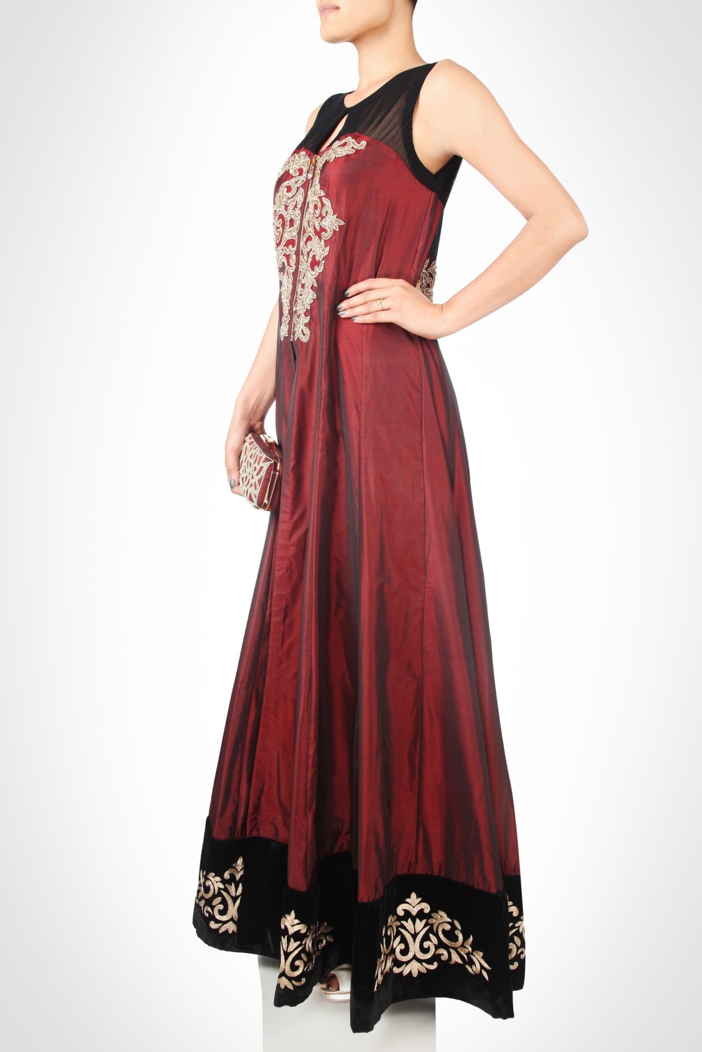 Floor Length Jacket With Zardozi Embroidery - MARSALA