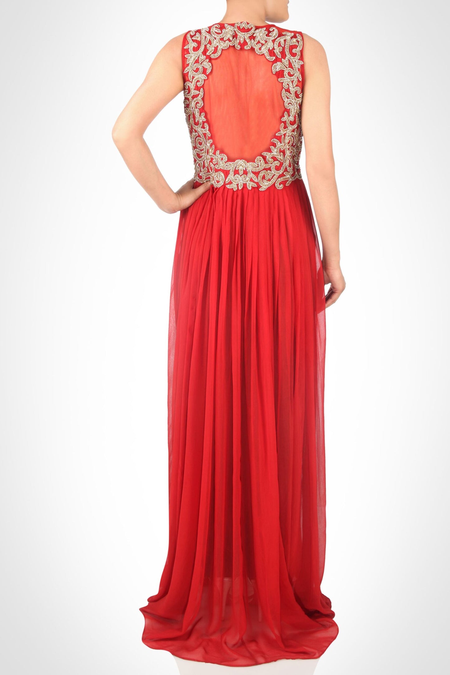 Floor Length Pleated Dress With Zardozi Embroidery - MARSALA