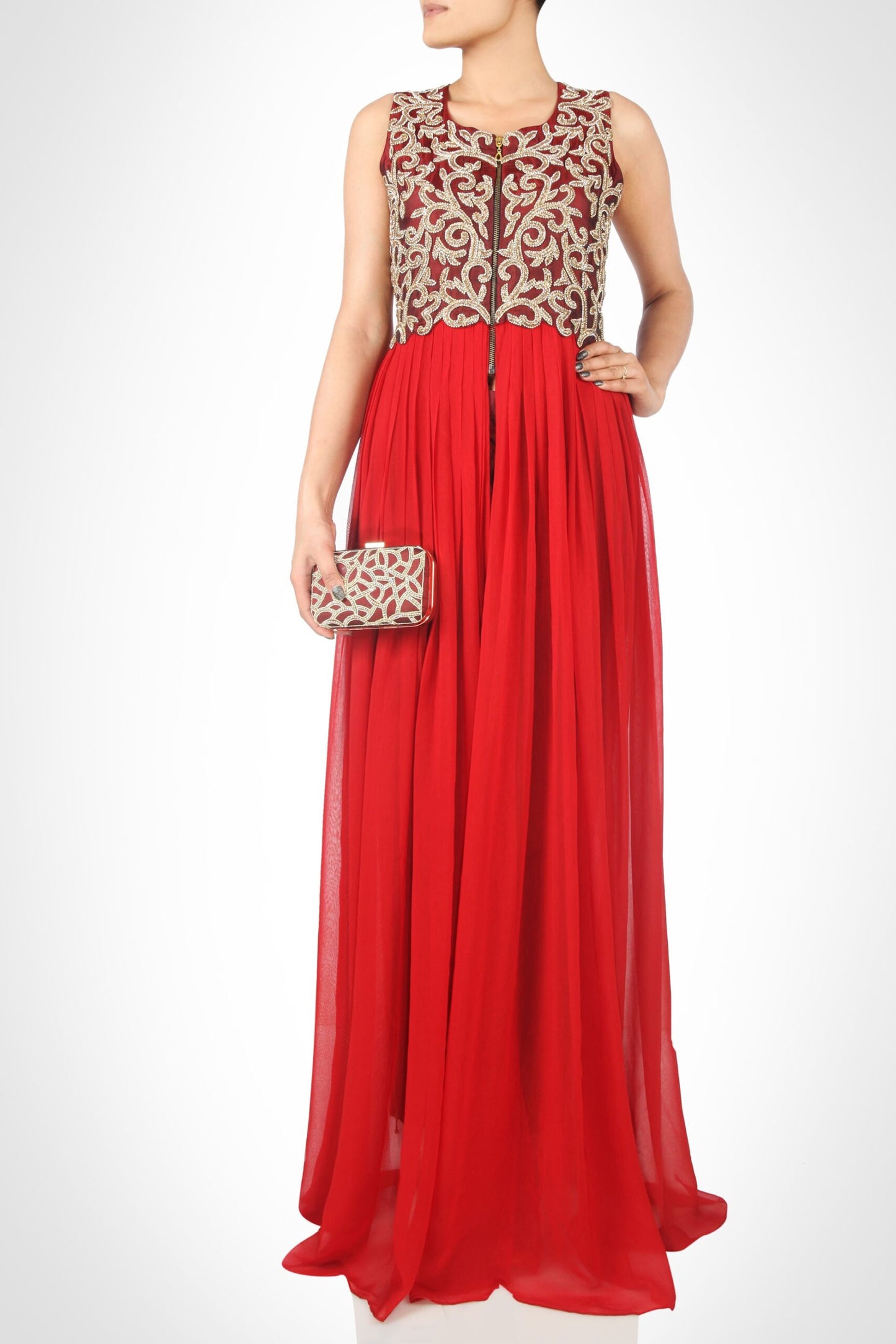 Floor Length Pleated Dress With Zardozi Embroidery - MARSALA
