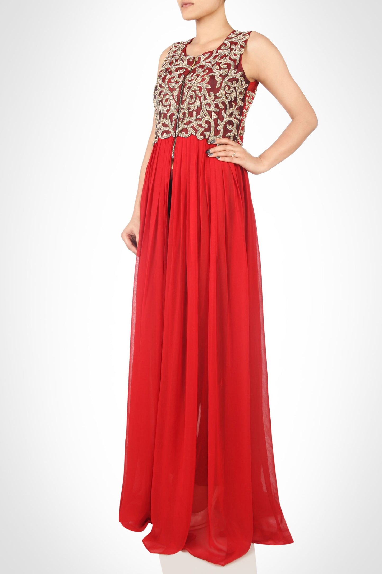 Floor Length Pleated Dress With Zardozi Embroidery - MARSALA