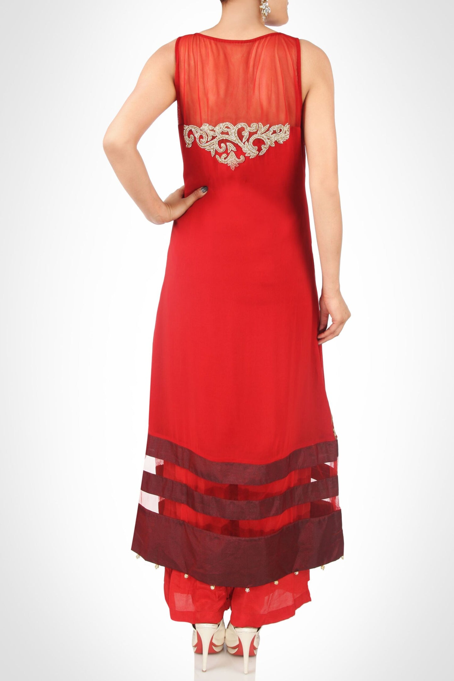 A-Line Kurta Set With Zardozi Embroidery - MARSALA