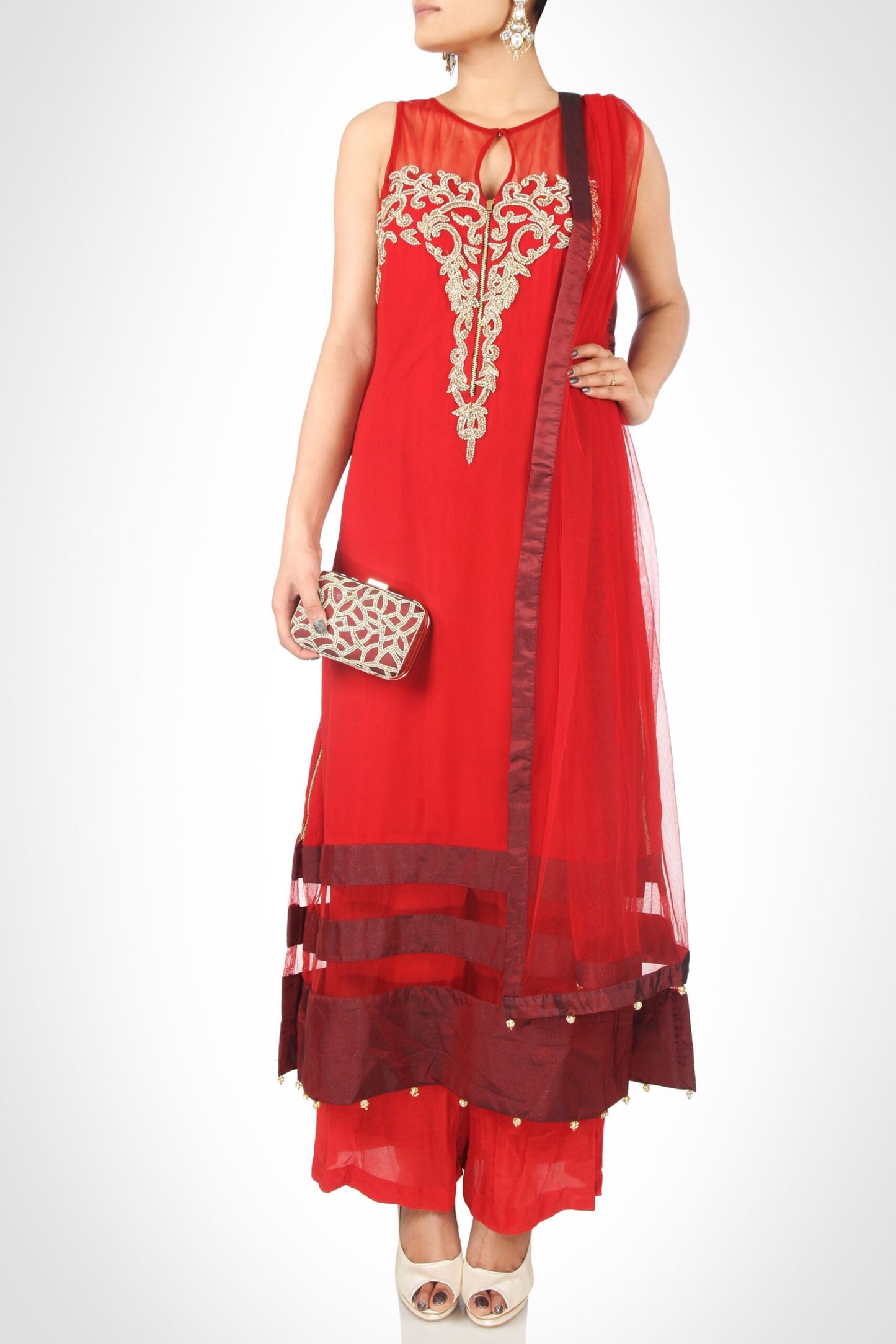 A-Line Kurta Set With Zardozi Embroidery - MARSALA