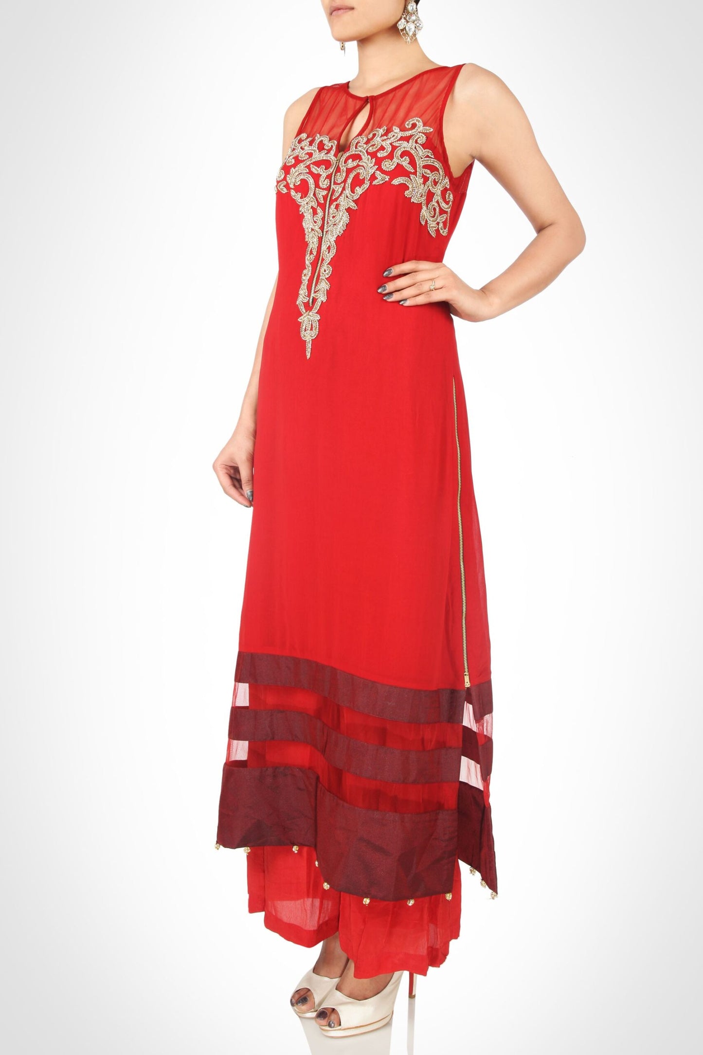 A-Line Kurta Set With Zardozi Embroidery - MARSALA