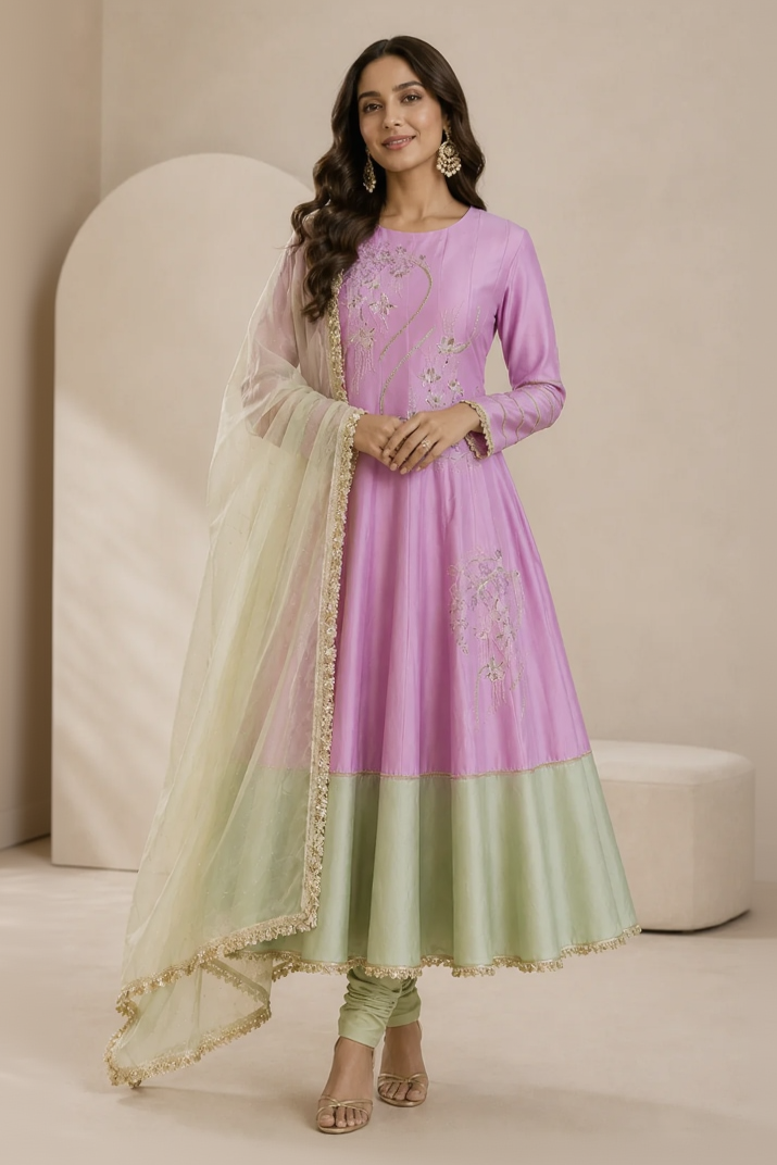 Kora Silk Pitta Anarkali - LILAC