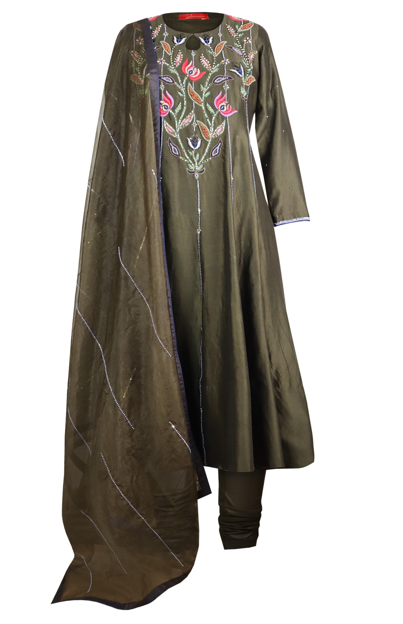 Multicoloured Embroidery Kora Silk Anarkali