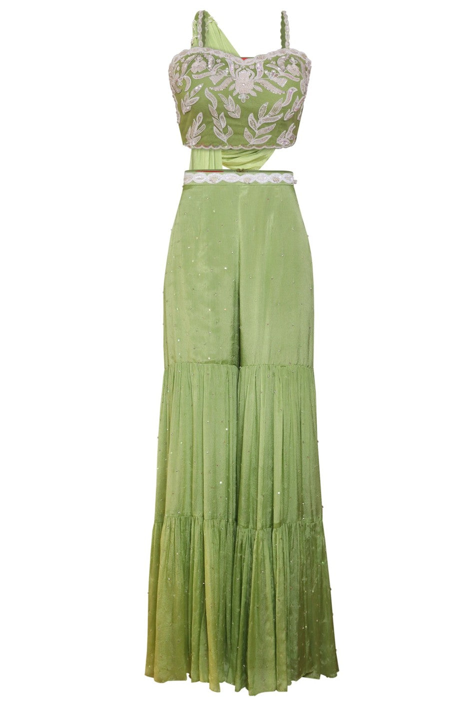 Boho Crop Top With Tiered Sharara - LIME GREEN