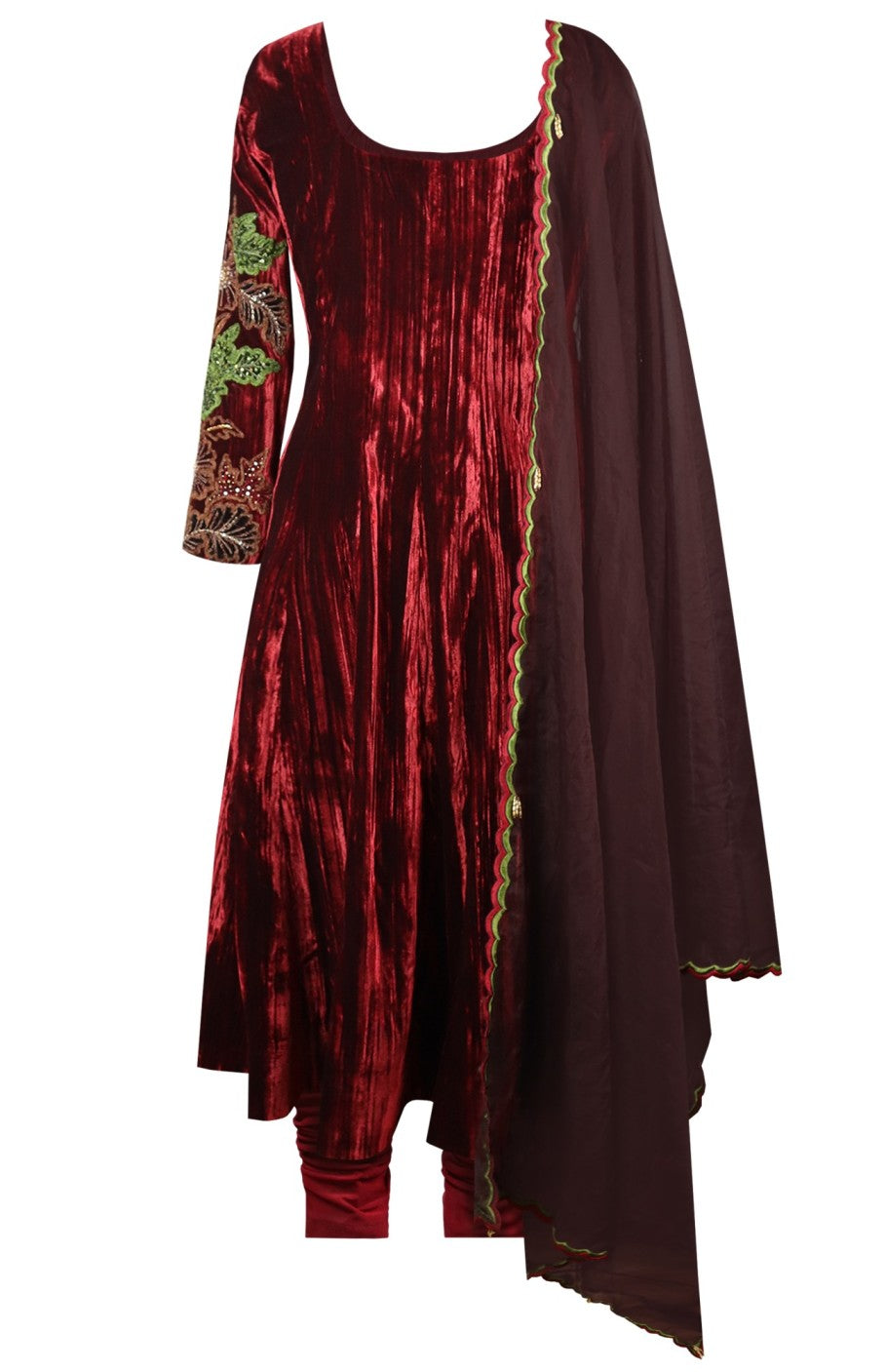 Maroon Appliqué Embroidery Crinkled Anarkali