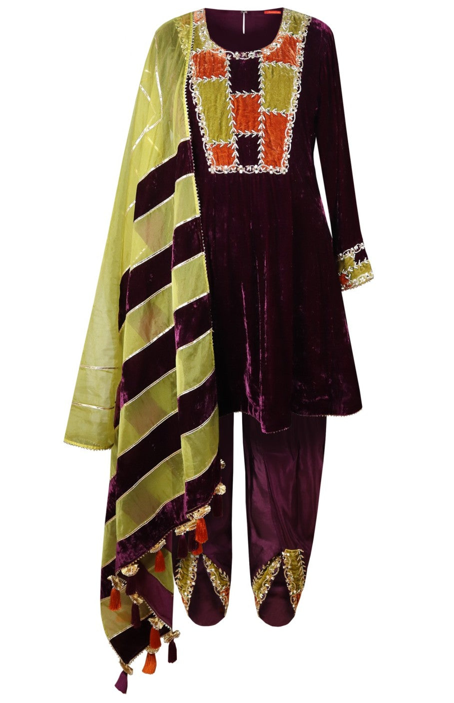 Velvet Short Anarkali With Tulip Pants
