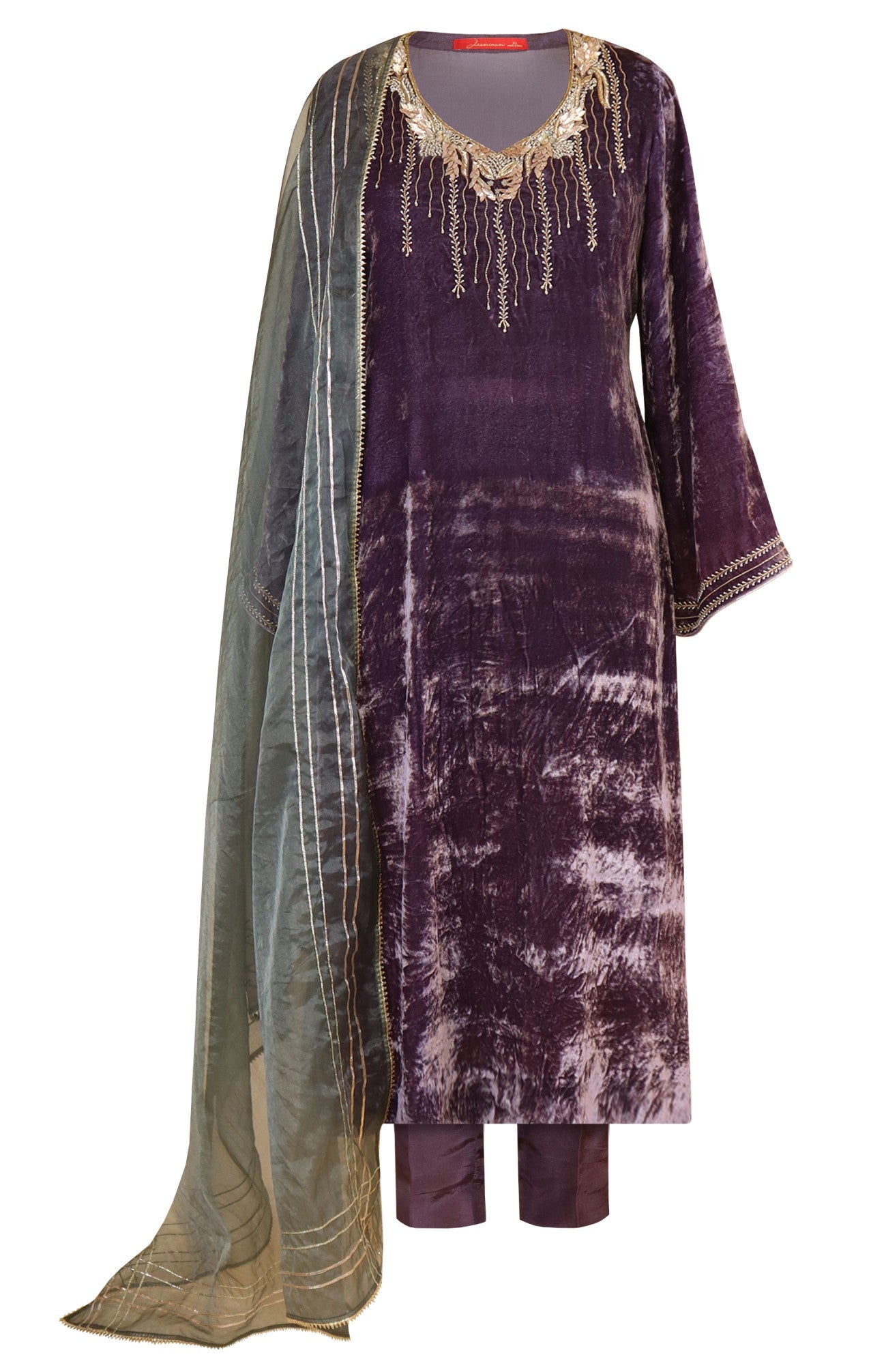Velvet Suit With 3D Leaves Embroidery - MAUVE