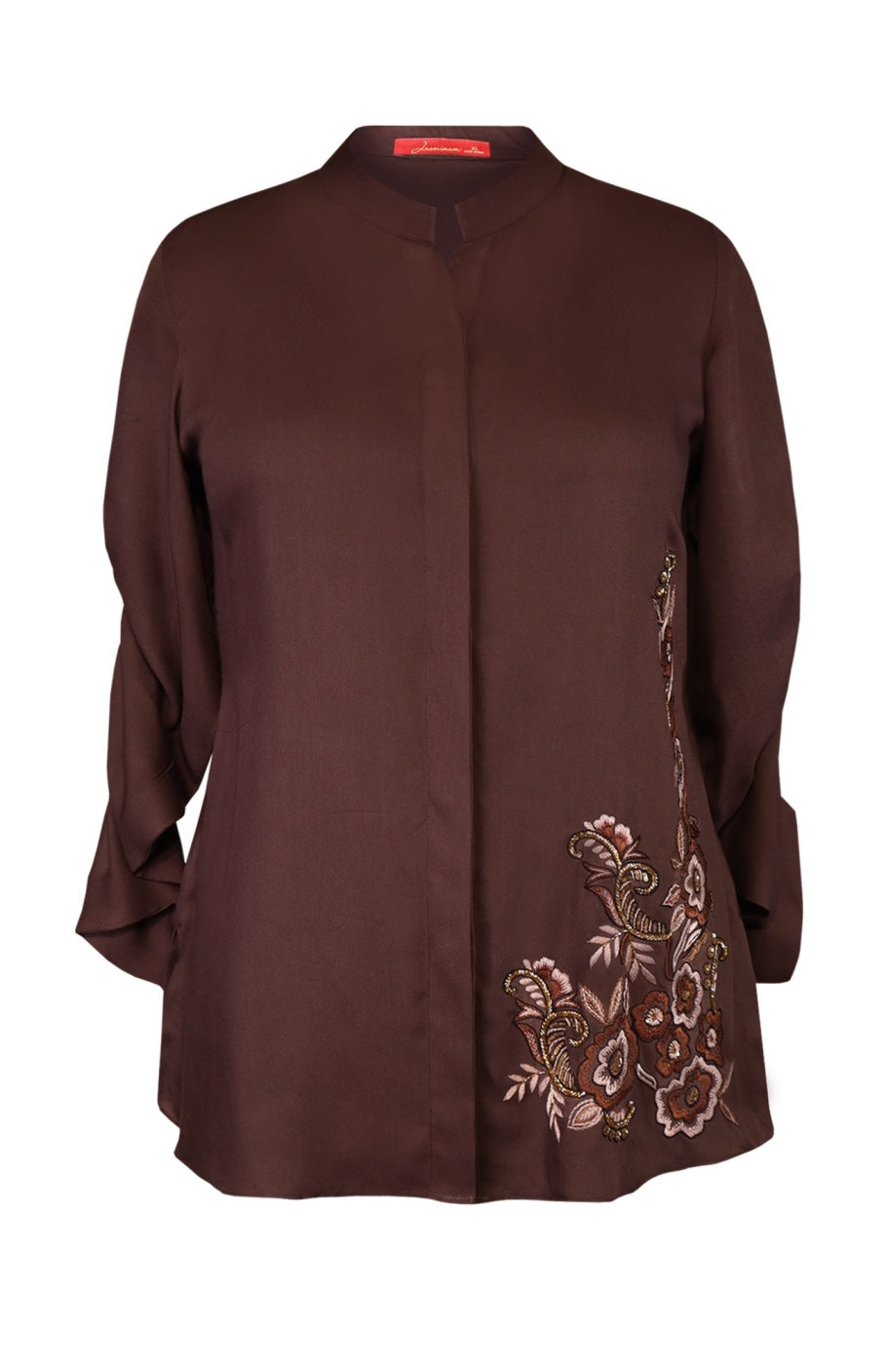 Rayon Top With Ruched Sleeves - MILK CHOCOLATE
