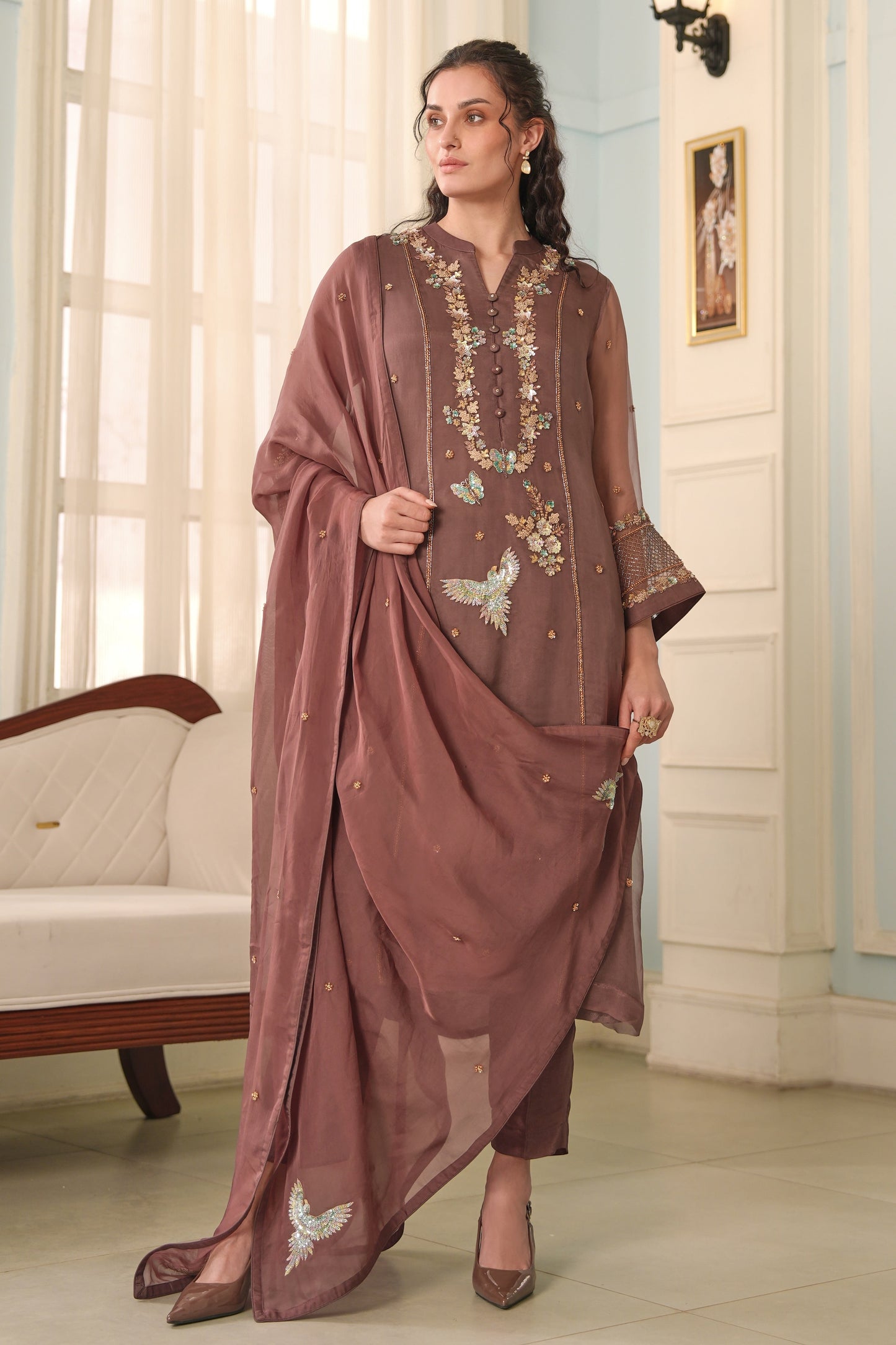 Zardozi Birds Silk Suit - RED