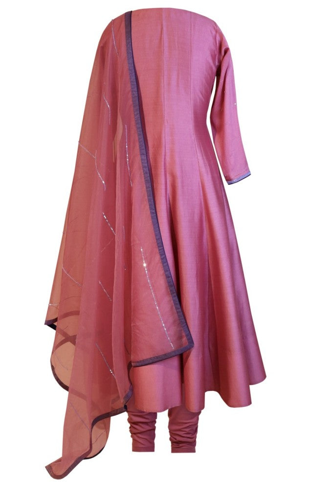 Multicoloured Embroidery Kora Silk Anarkali - OLD ROSE