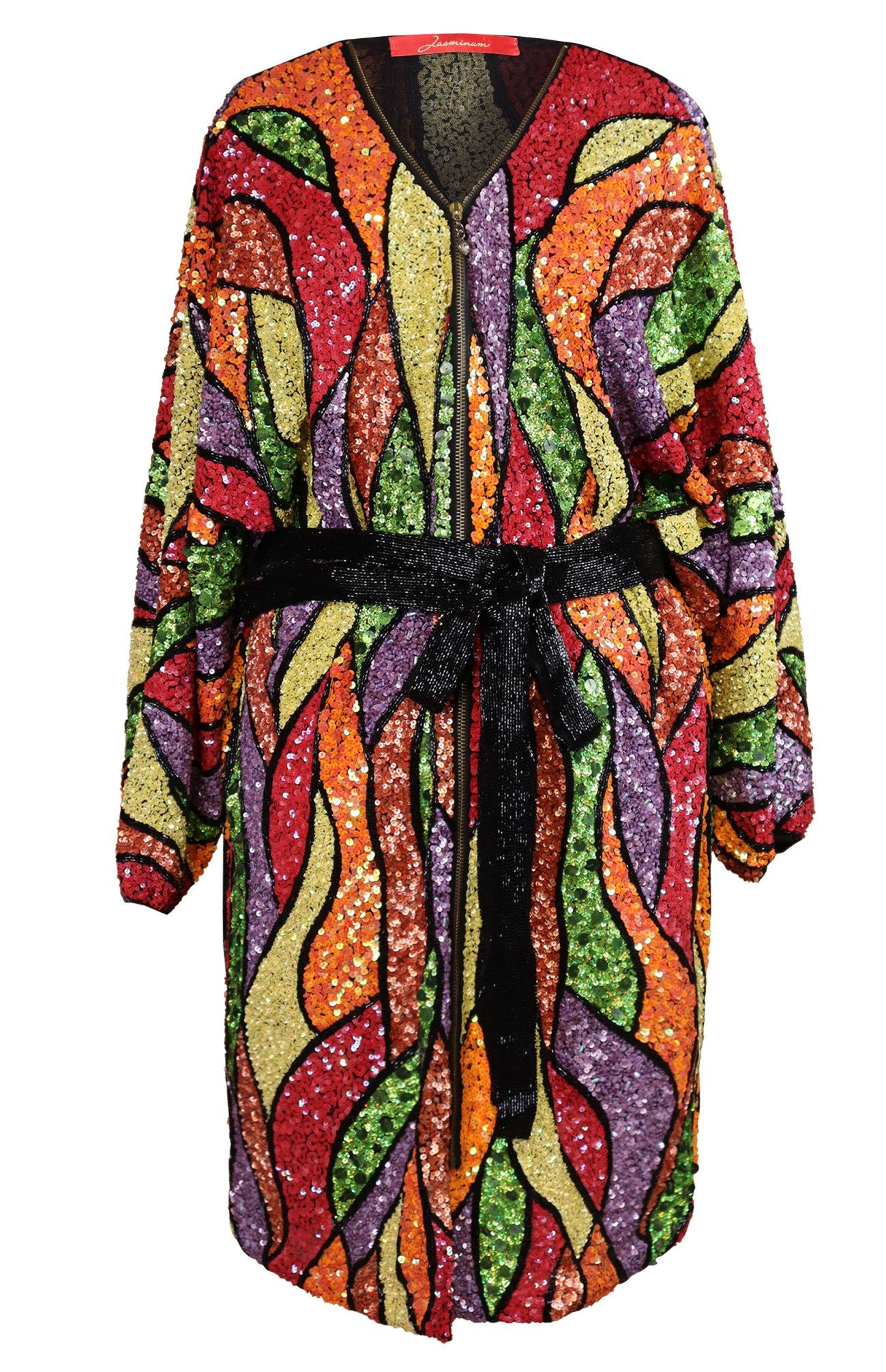 Sequins Embroidered Dress With Belt - Multicoloured