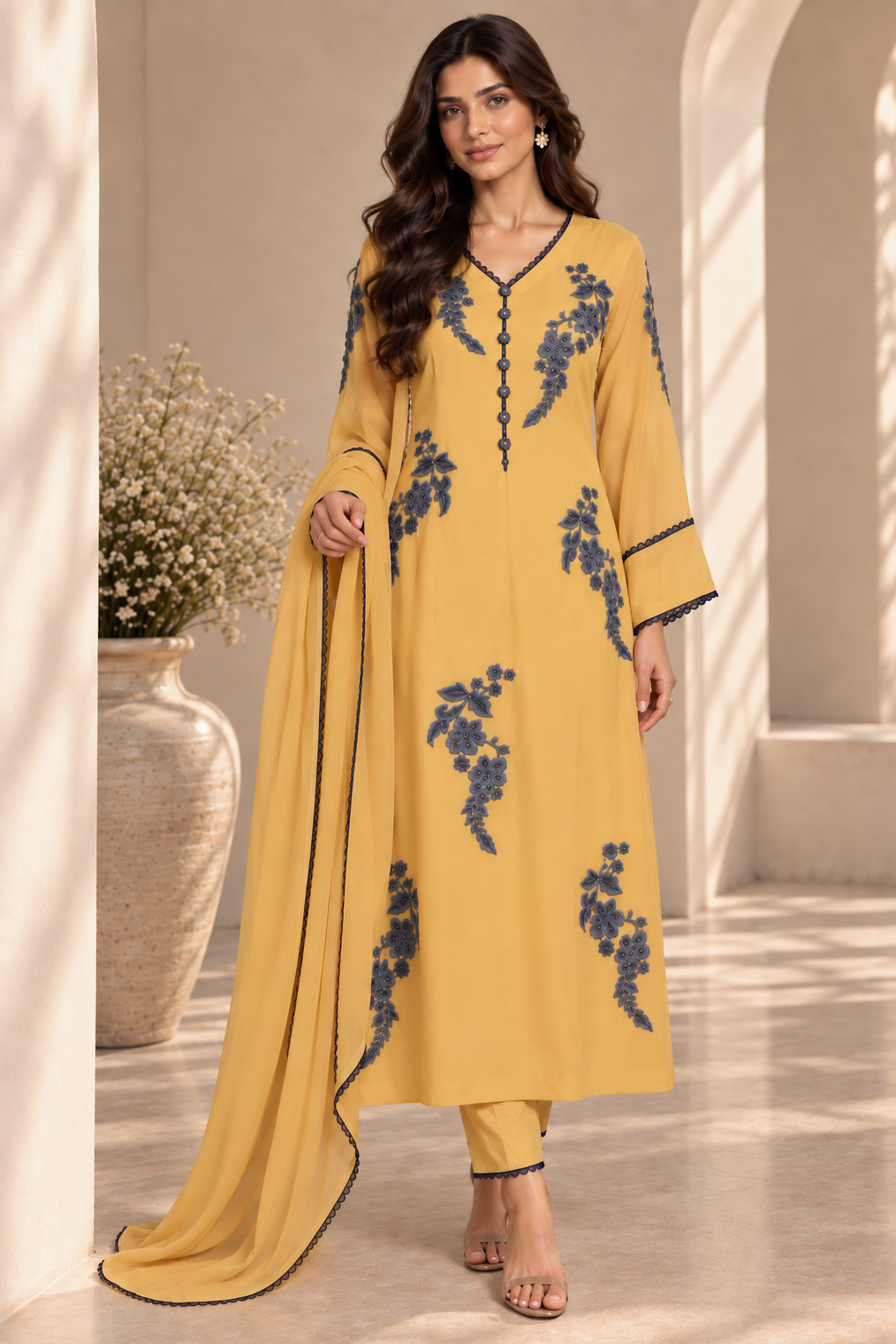 Georgette Black Motif Embroidery Suit - MUSTARD