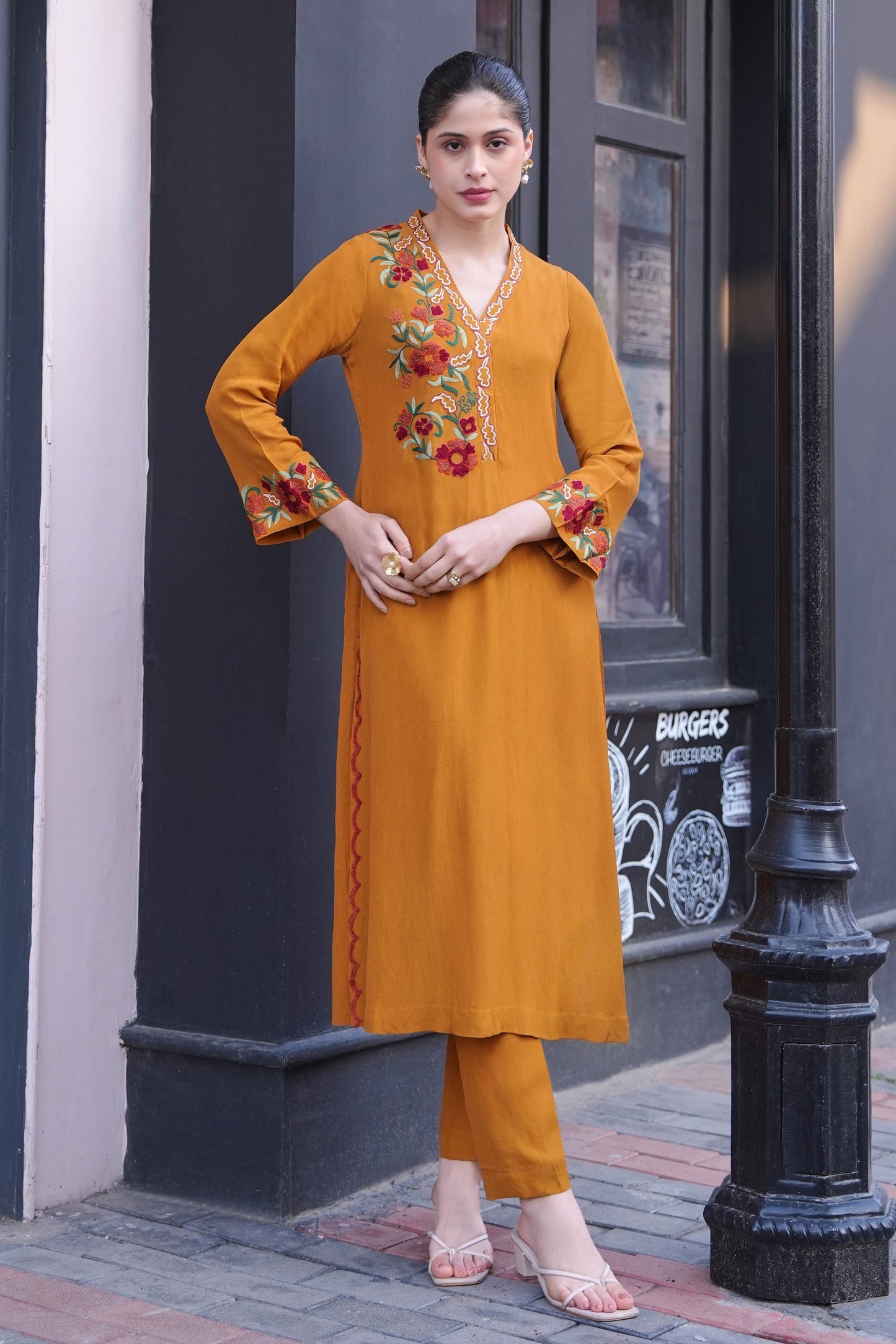 Kashmiri Emb A-line Kurta Set - AQUA MARINE