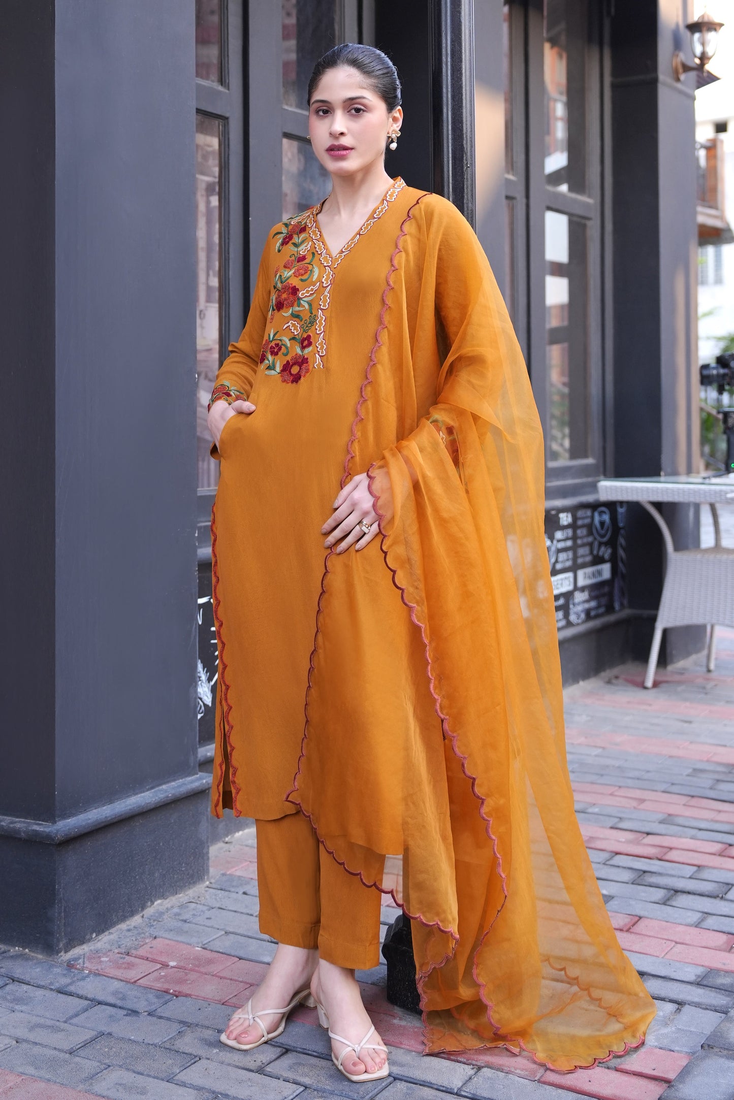 Kashmiri Embroidery A-line Kurta Set - MUSTARD