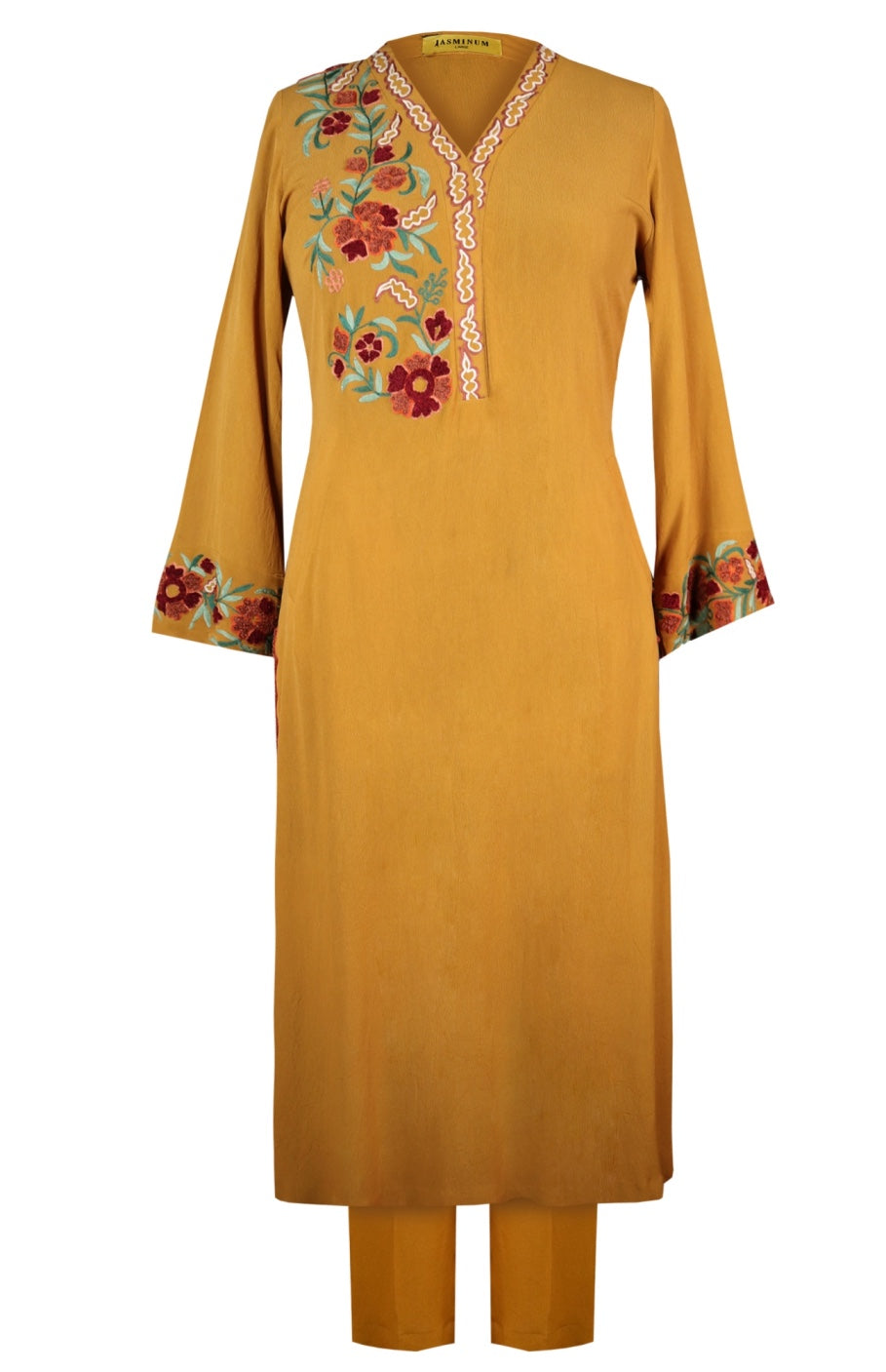 Kashmiri Embroidery A-line Kurta Set - MUSTARD