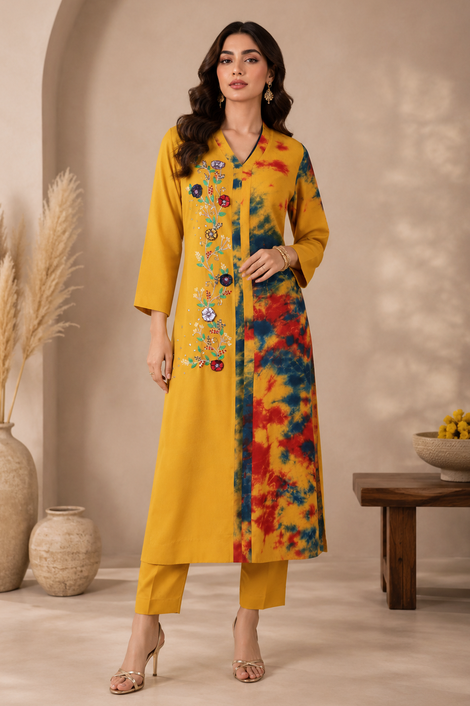 3D Embroidery T&D Kurta Set - OLIVE