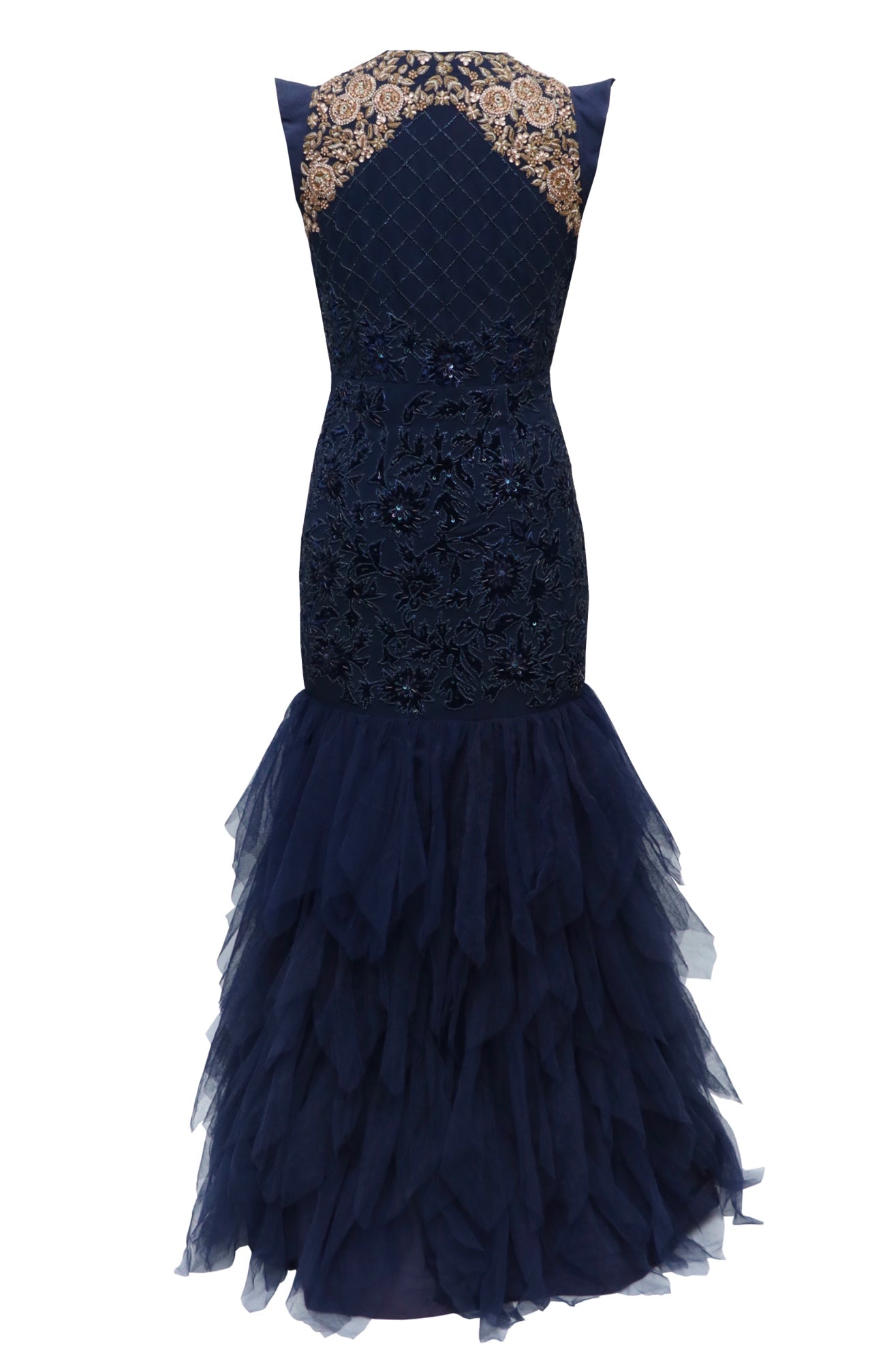 Navy Velvet Applique Mermaid Gown