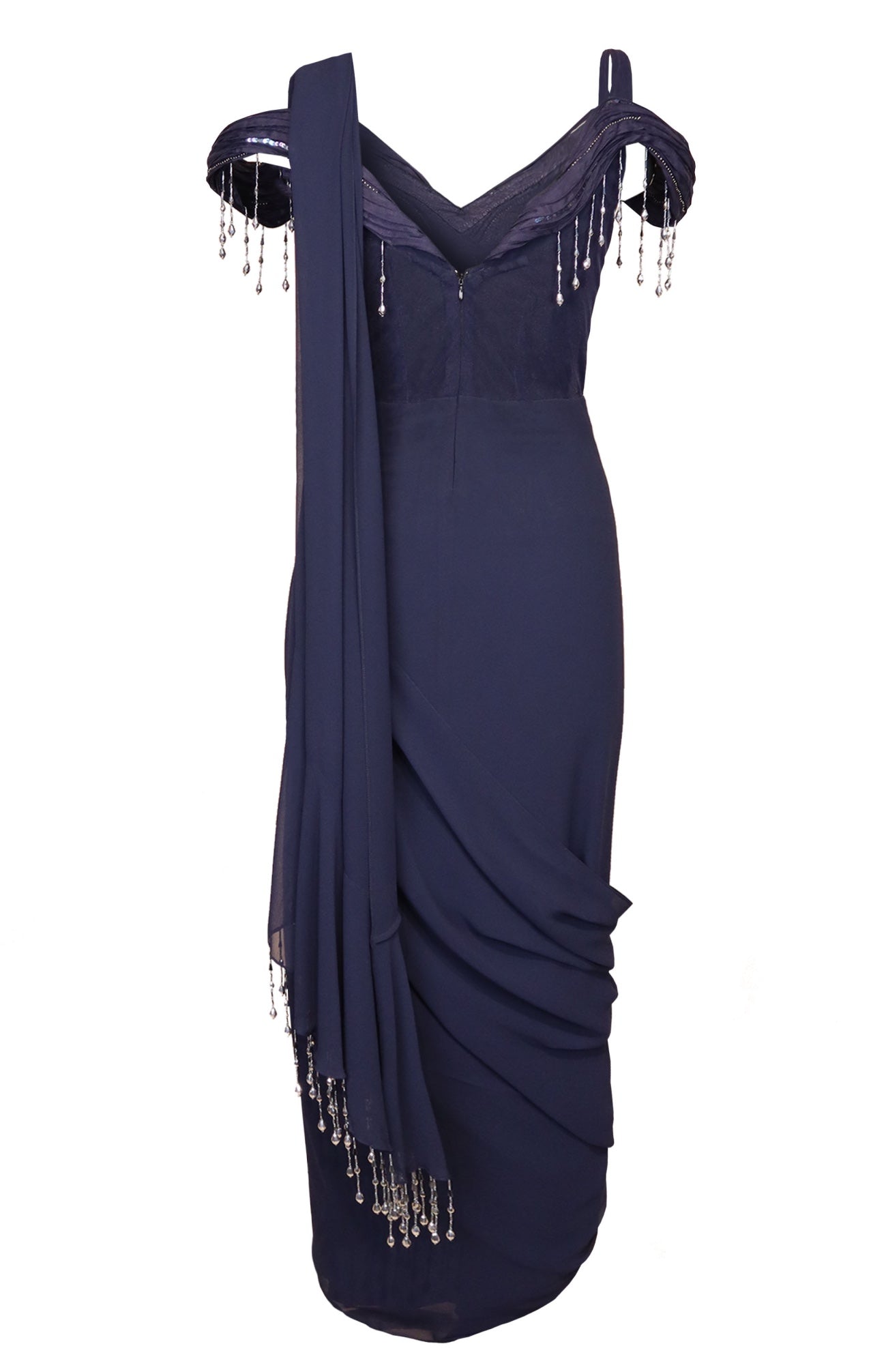 Navy Georgette Draped Saree Gown