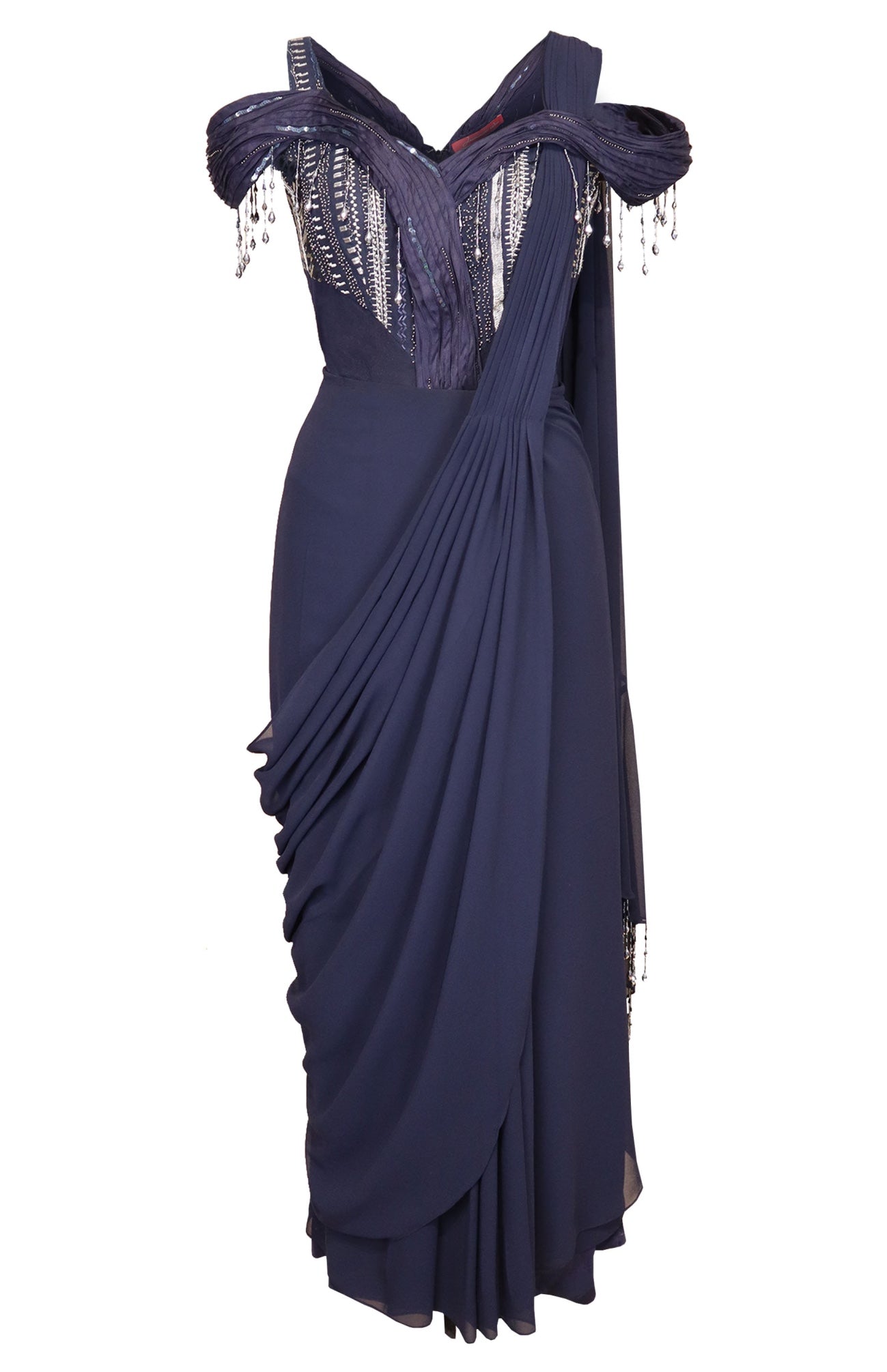 Navy Georgette Draped Saree Gown