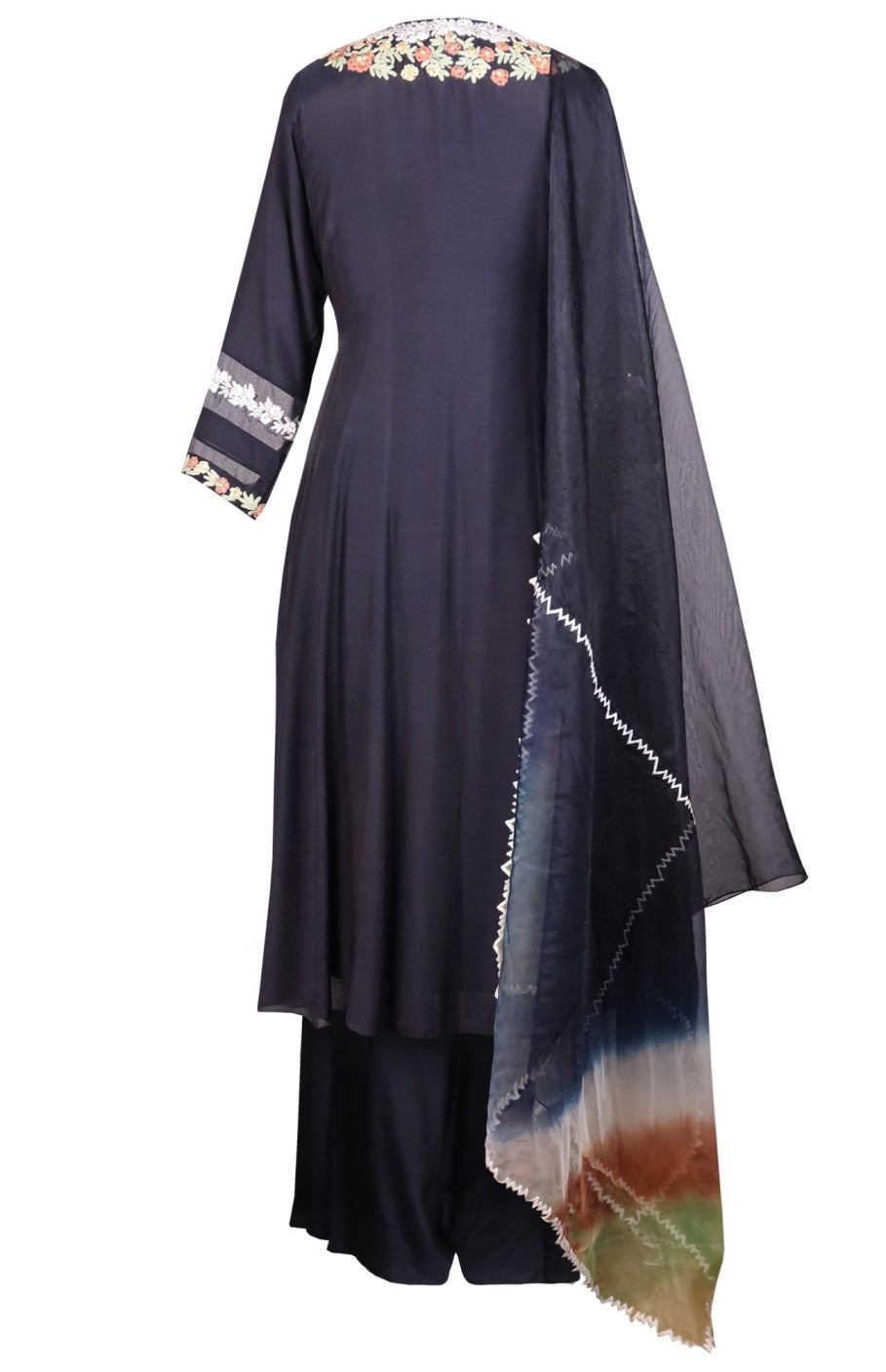 Multicoloured Dori Embroidery Anarkali With Sharara - NAVY