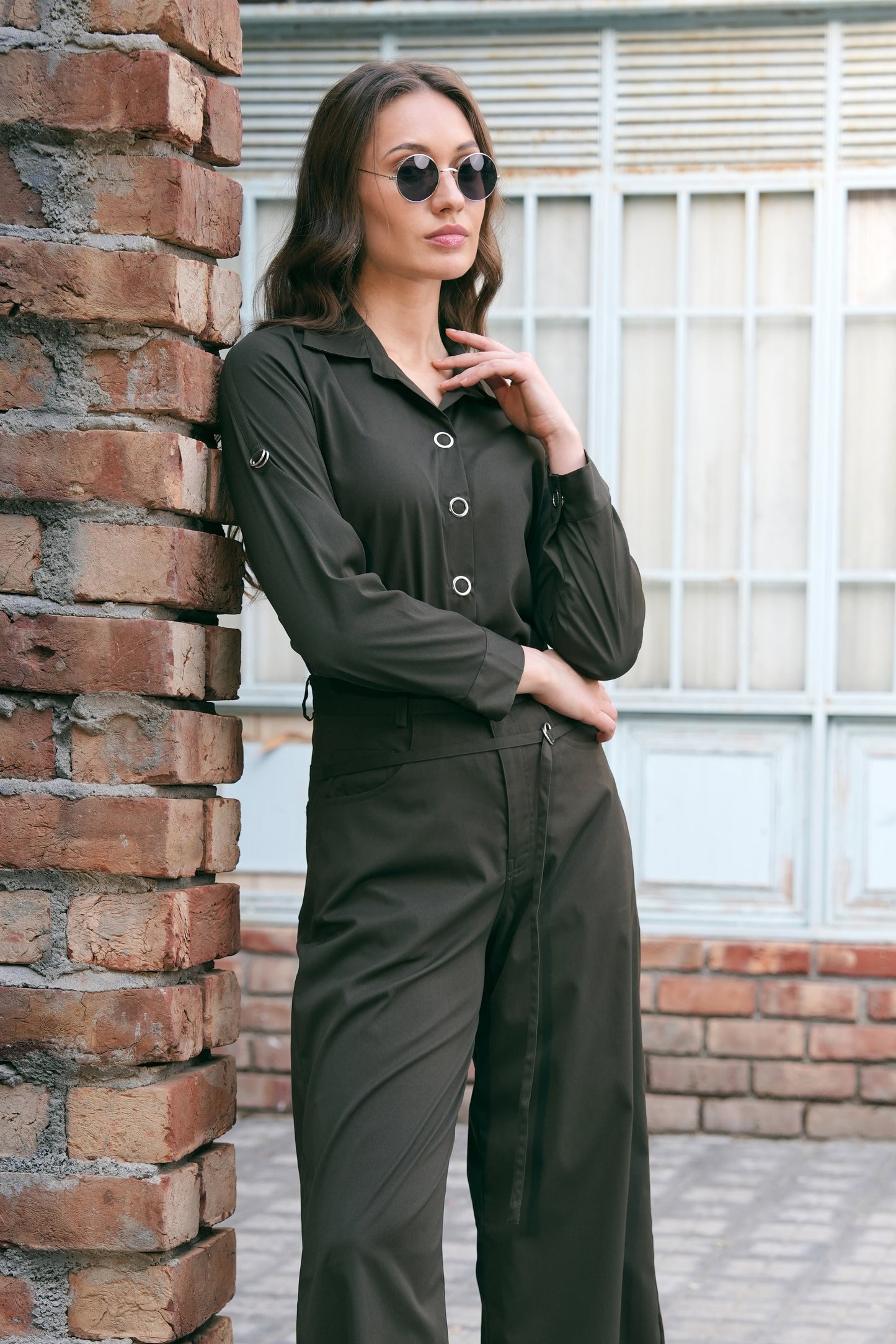Twill Co-ord Set With Balloon Pants - OLIVE