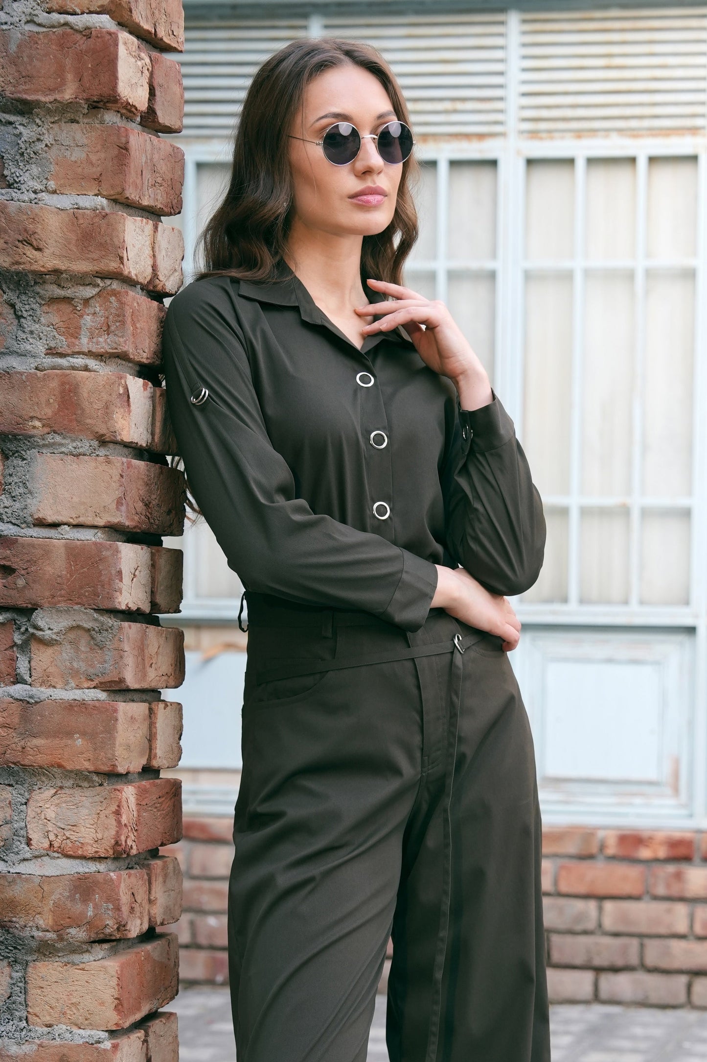 Twill Co-ord Set With Balloon Pants - OLIVE