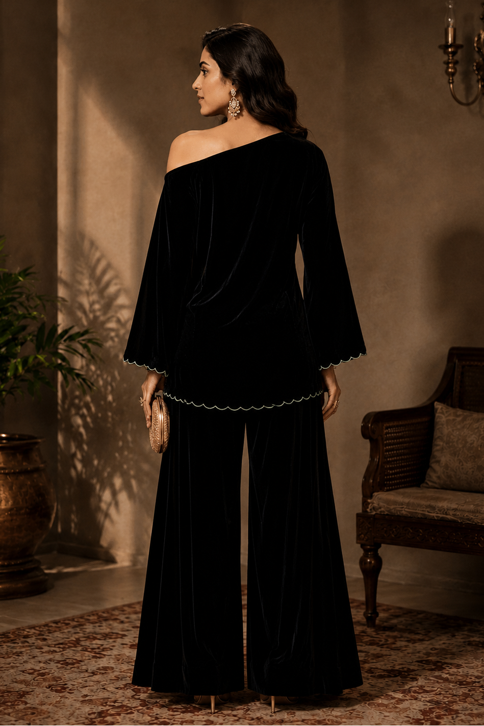 Off Shoulder Velvet Top With Sharara - BLACK