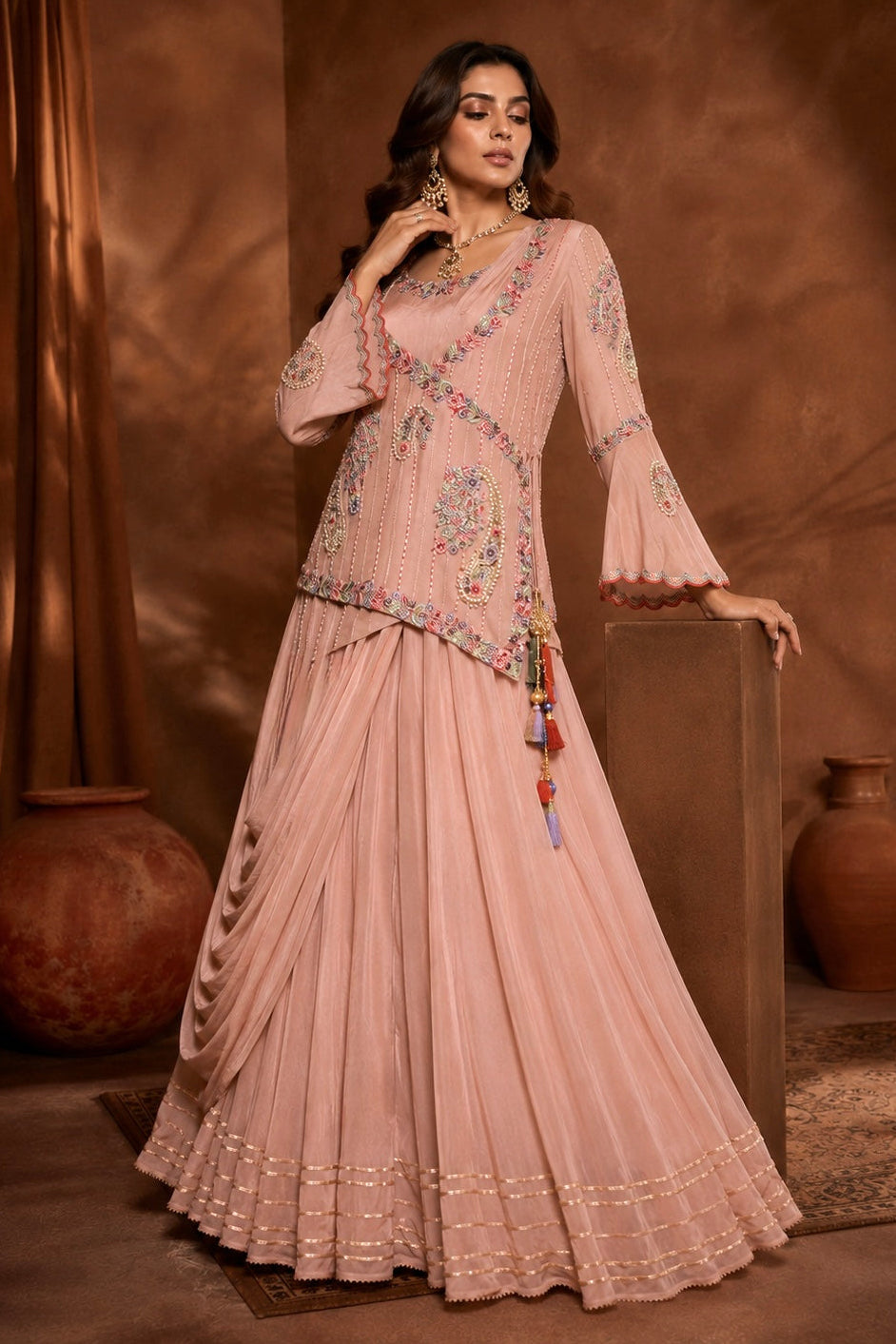 Chiffon Gown With Asymmetric Jacket - RUST