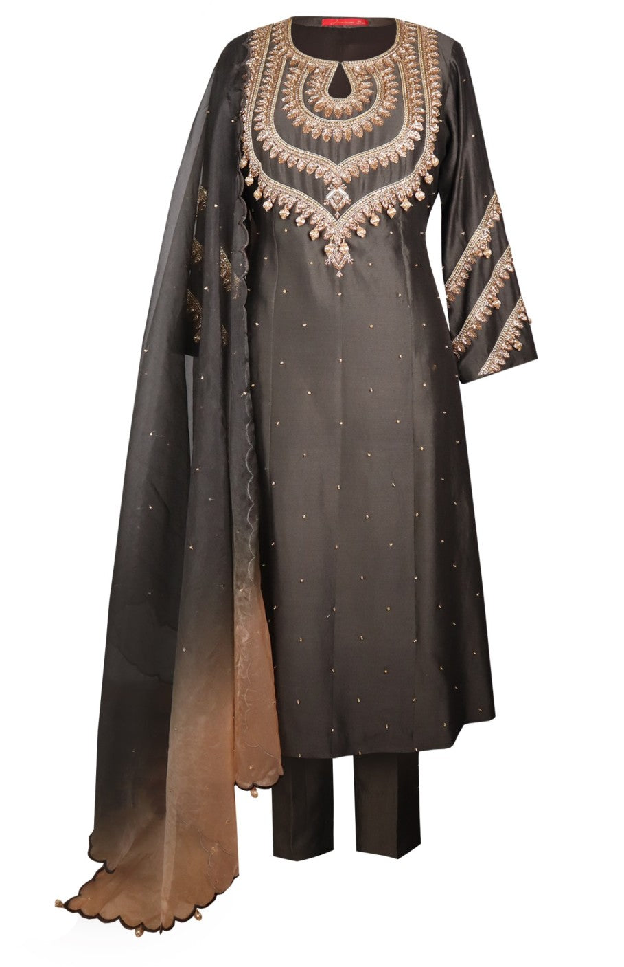 Kora Silk Kalidar Suit With Nakshi Embroidery - DARK OLIVE