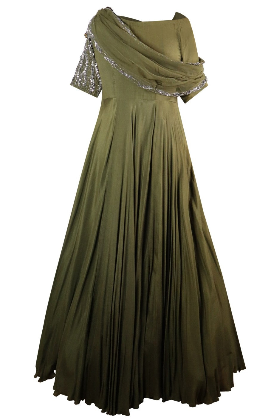 Chiffon Off-Shoulder Gown - OLIVE