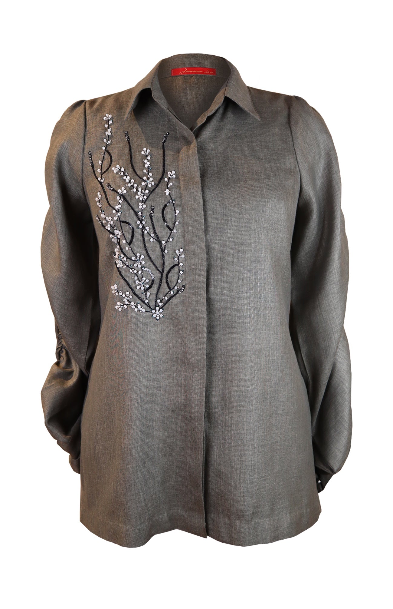Olive Linen Ruched Sleeves Shirt