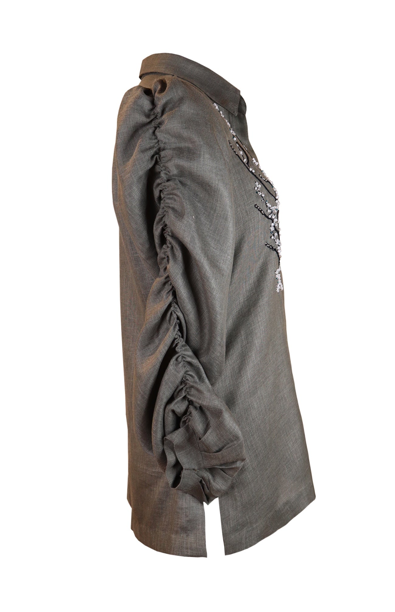 Olive Linen Ruched Sleeves Shirt