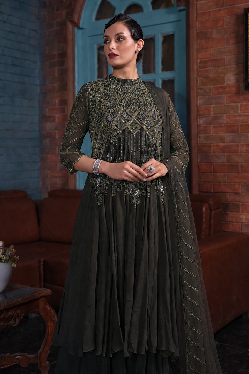 Halter Anarkali - OLIVE