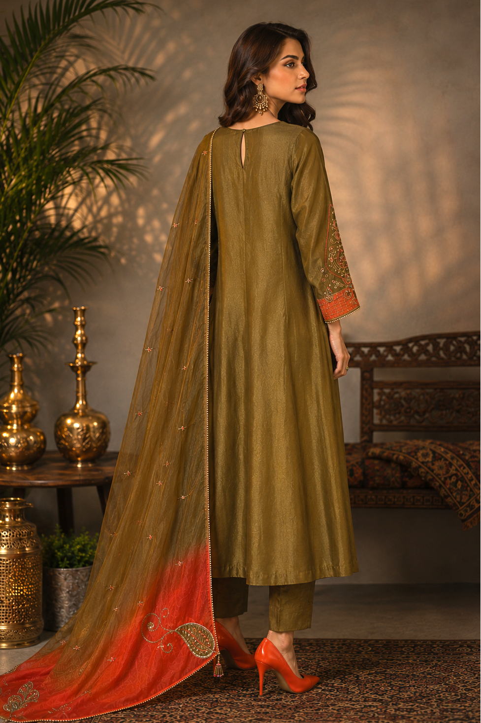 Paisley Applique Embroidery Kalidar Suit - OLIVE