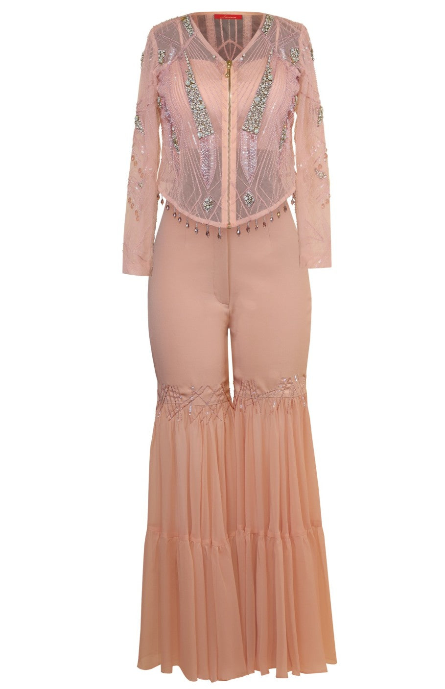 Tulle Embroidered Jacket With Tiered Pants