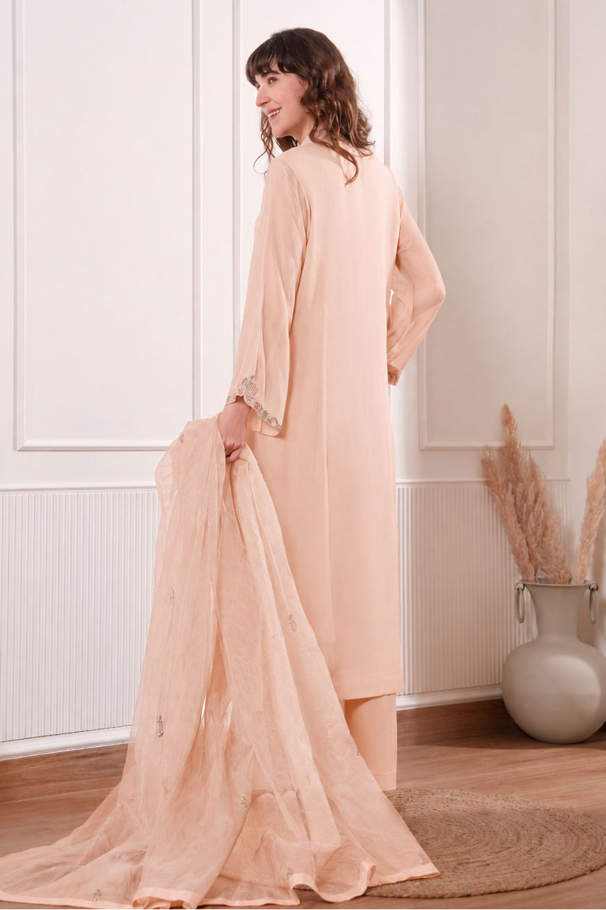 Georgette Kalidar Suit With Mukaish Embroidery - PEACH