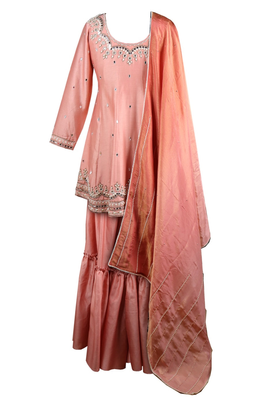 Pearl & Mirror Work Sharara Suit - OLD ROSE