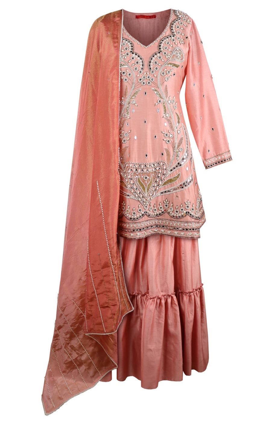 Pearl & Mirror Work Sharara Suit - OLD ROSE