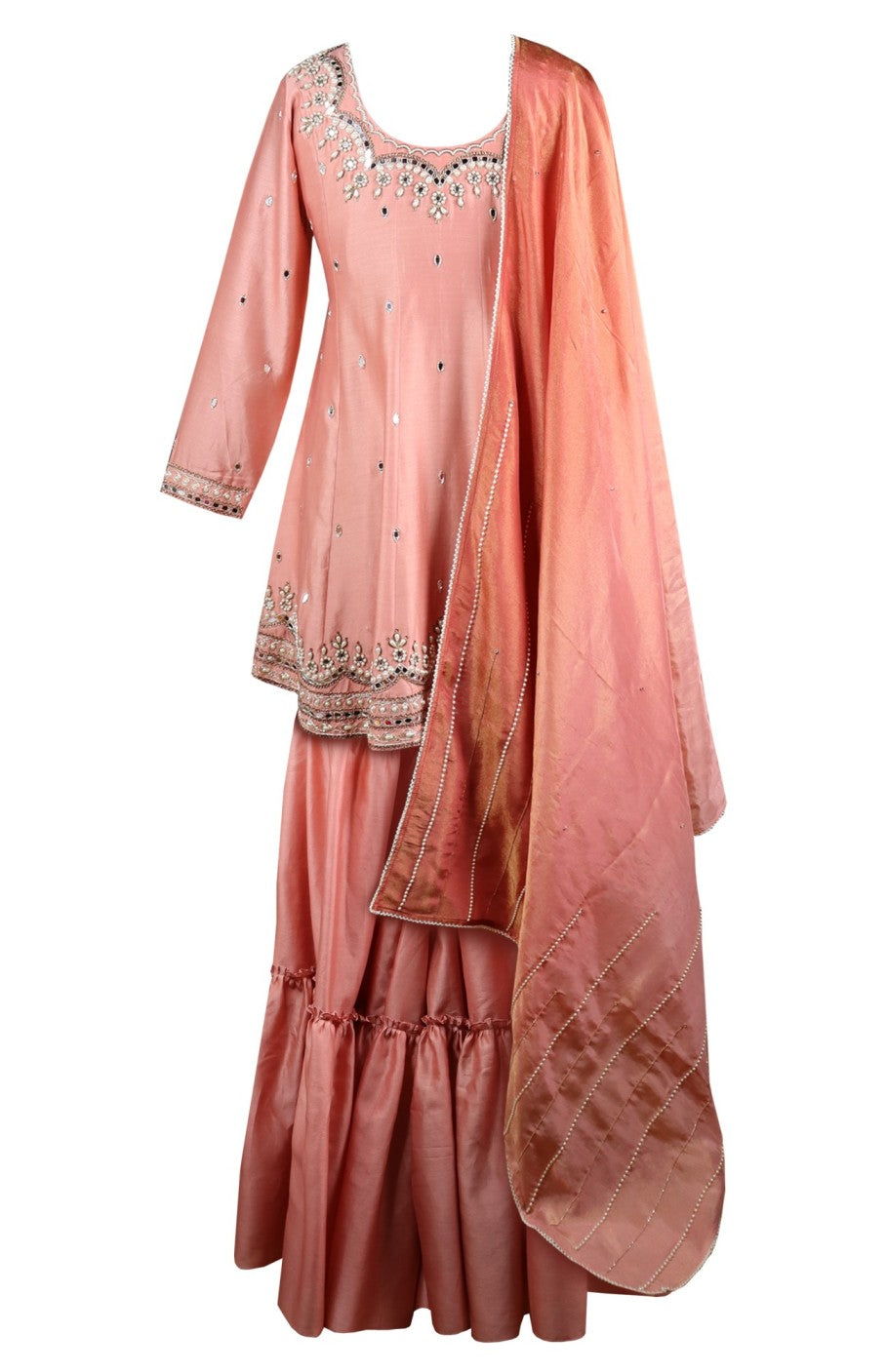Pearl & Mirror Work Sharara Suit - OLD ROSE